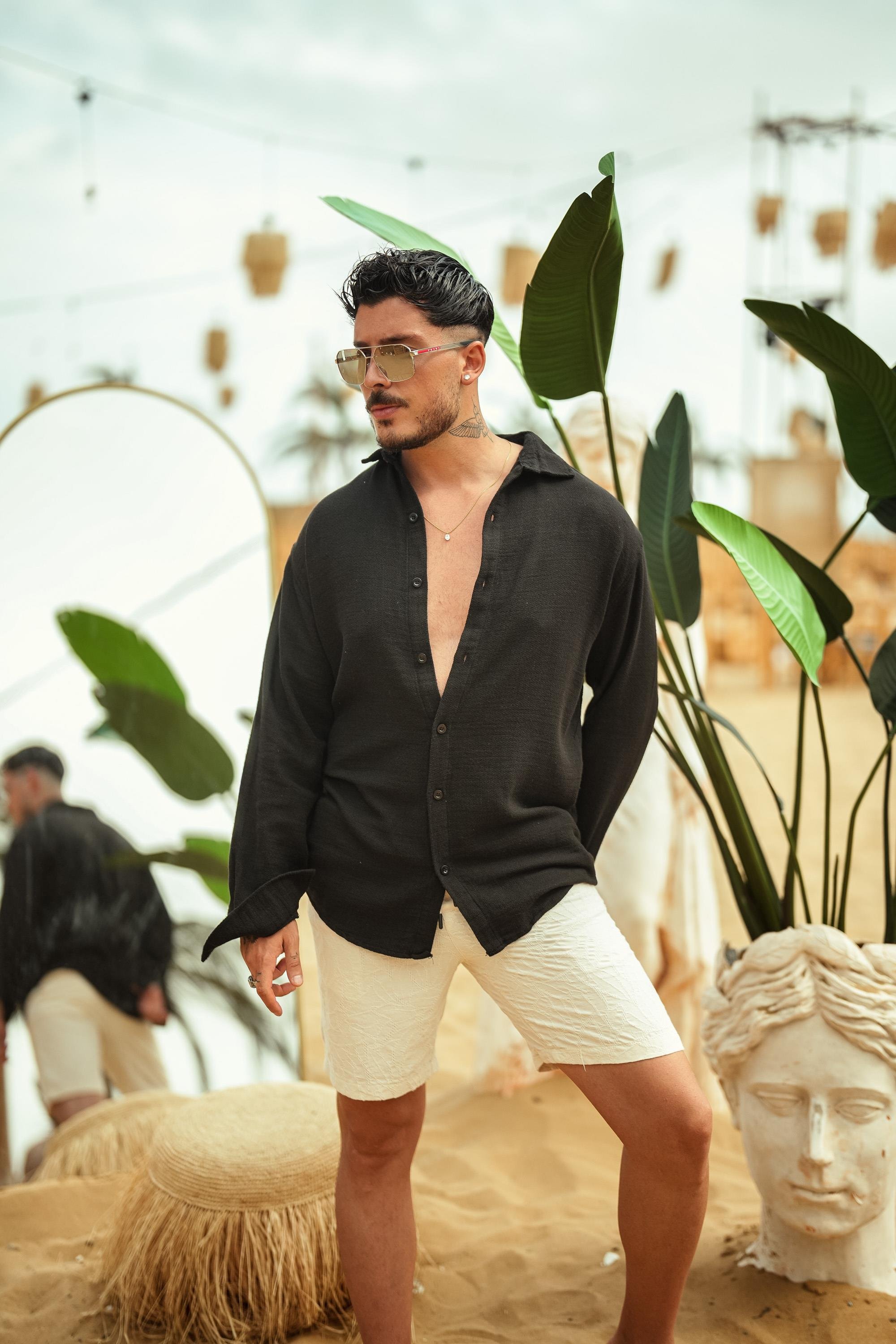 Keten Oval Kesim Oversize Gömlek Siyah