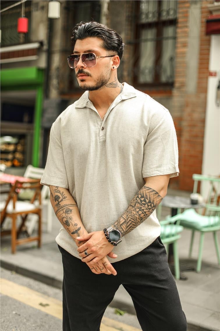 Keten Polo Yaka Oversize T- Shirt Bej