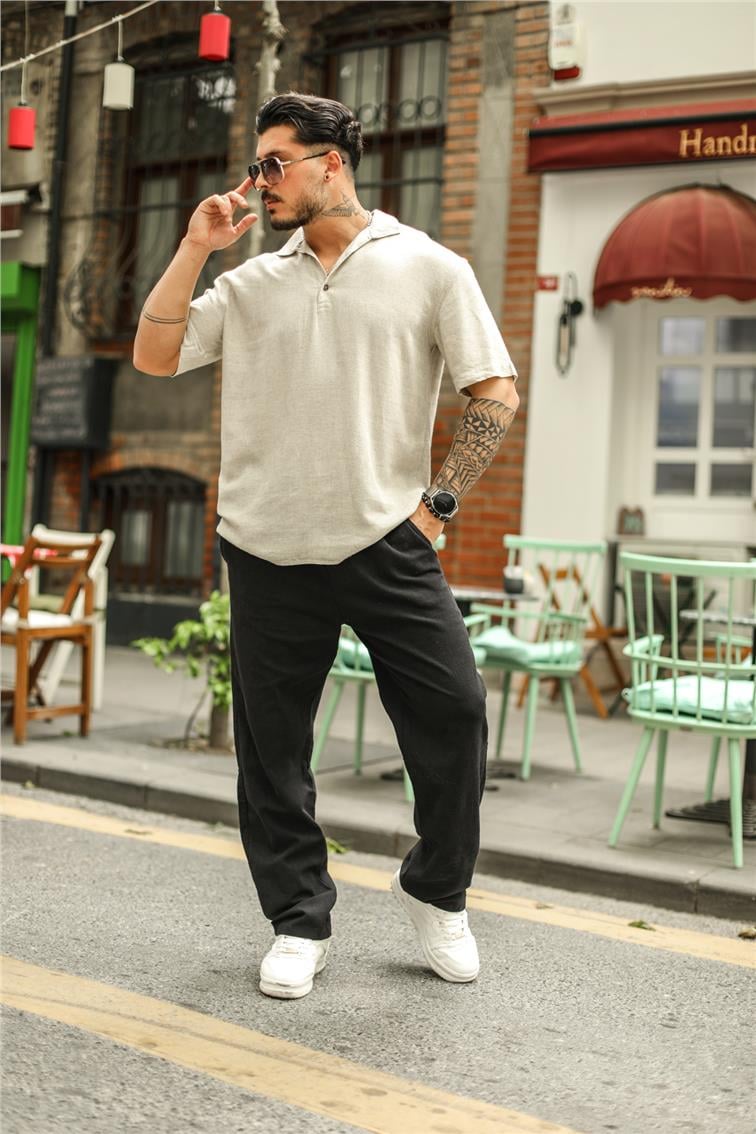 Keten Polo Yaka Oversize T- Shirt Bej