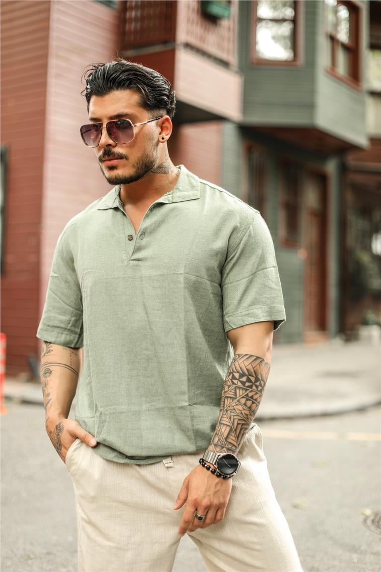 Keten Polo Yaka Oversize T- Shirt Mint