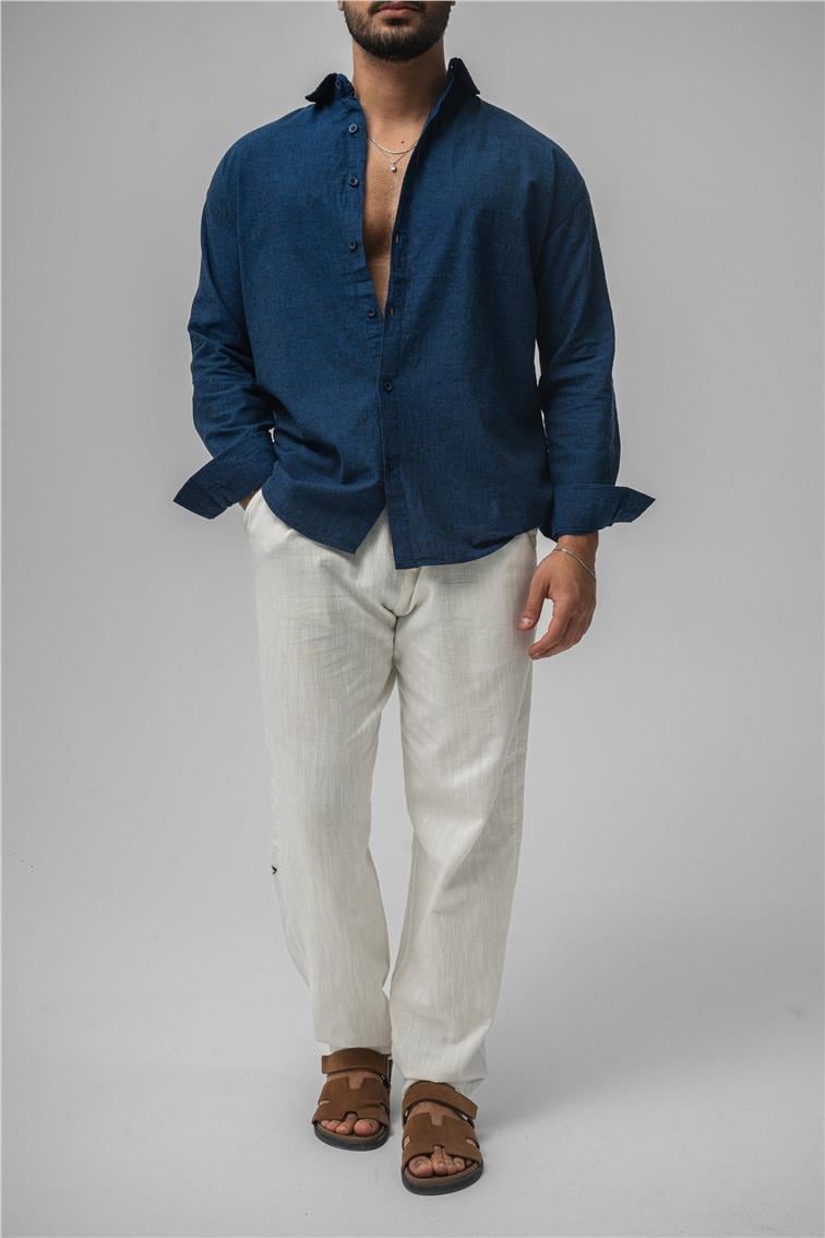 Keten Simple Oversize Gömlek Lacivert