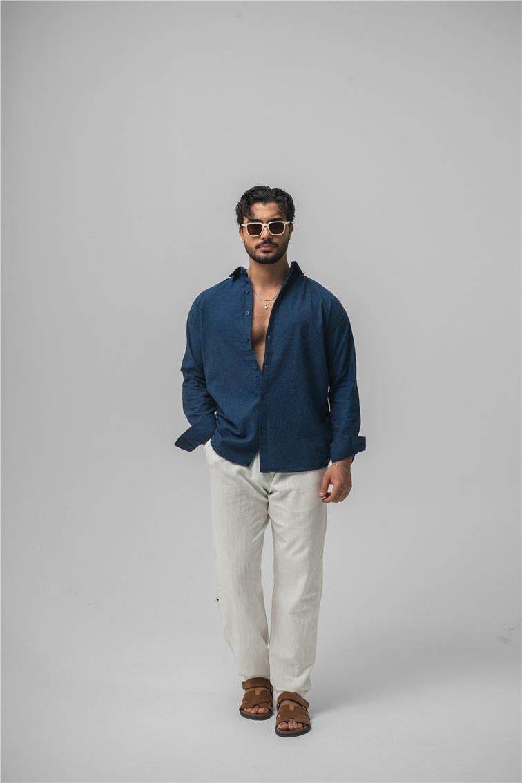 Keten Simple Oversize Gömlek Lacivert