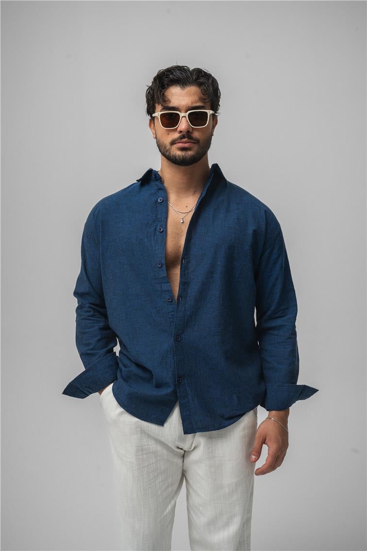 Keten Simple Oversize Gömlek Lacivert