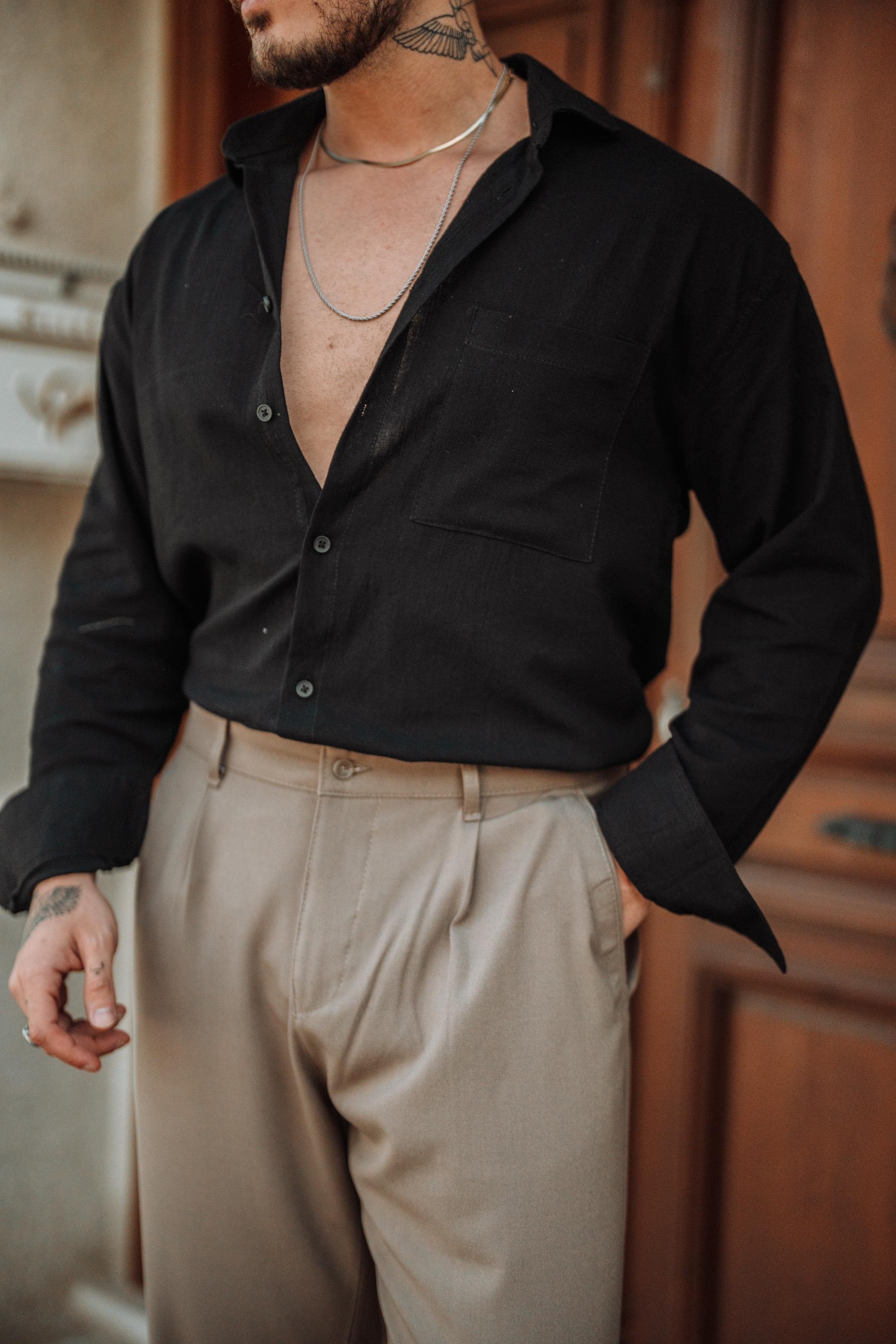 Keten Tek Cepli Oversize  Gömlek Siyah