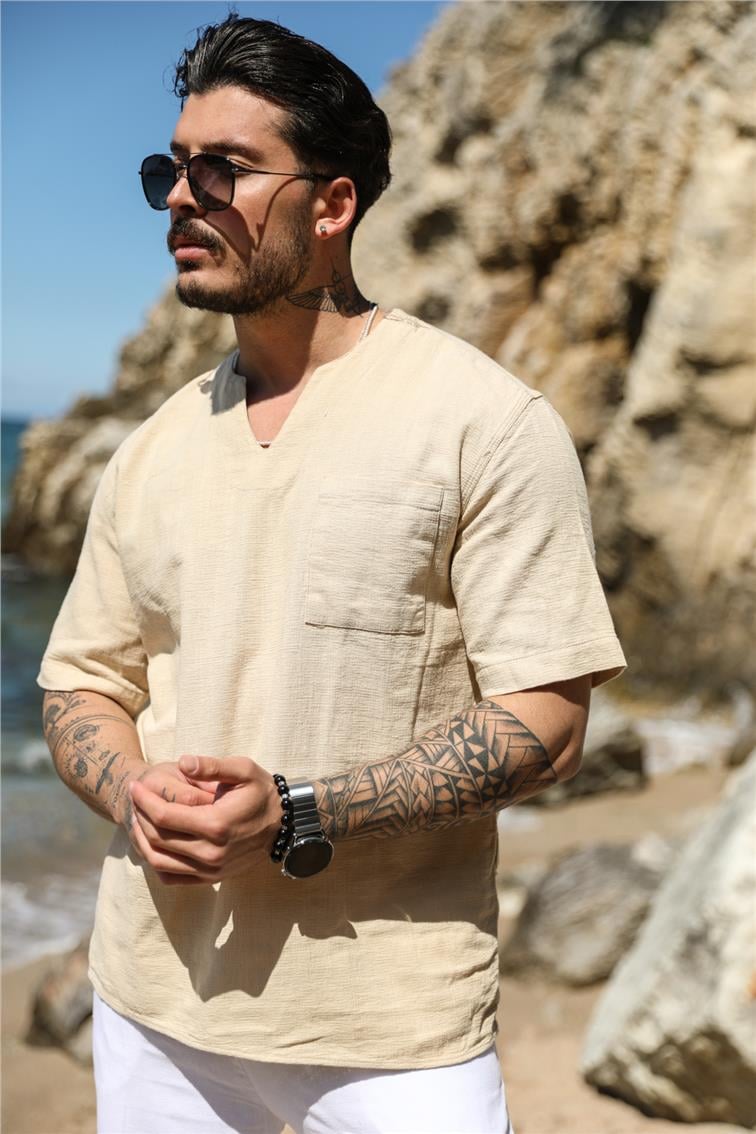 Keten V Yaka Oversize T-Shirt Bej