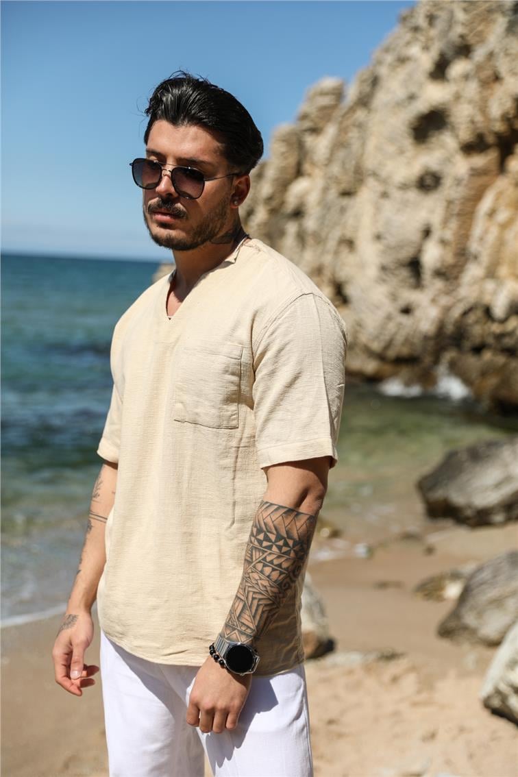 Keten V Yaka Oversize T-Shirt Bej
