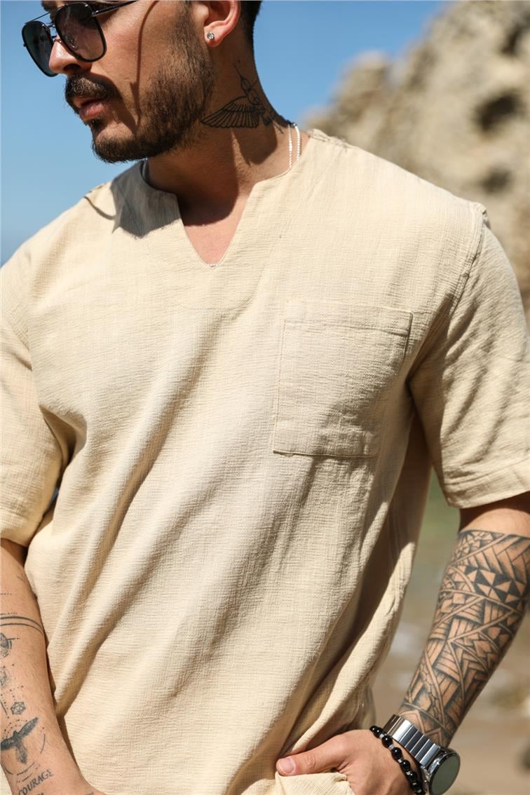 Keten V Yaka Oversize T-Shirt Bej
