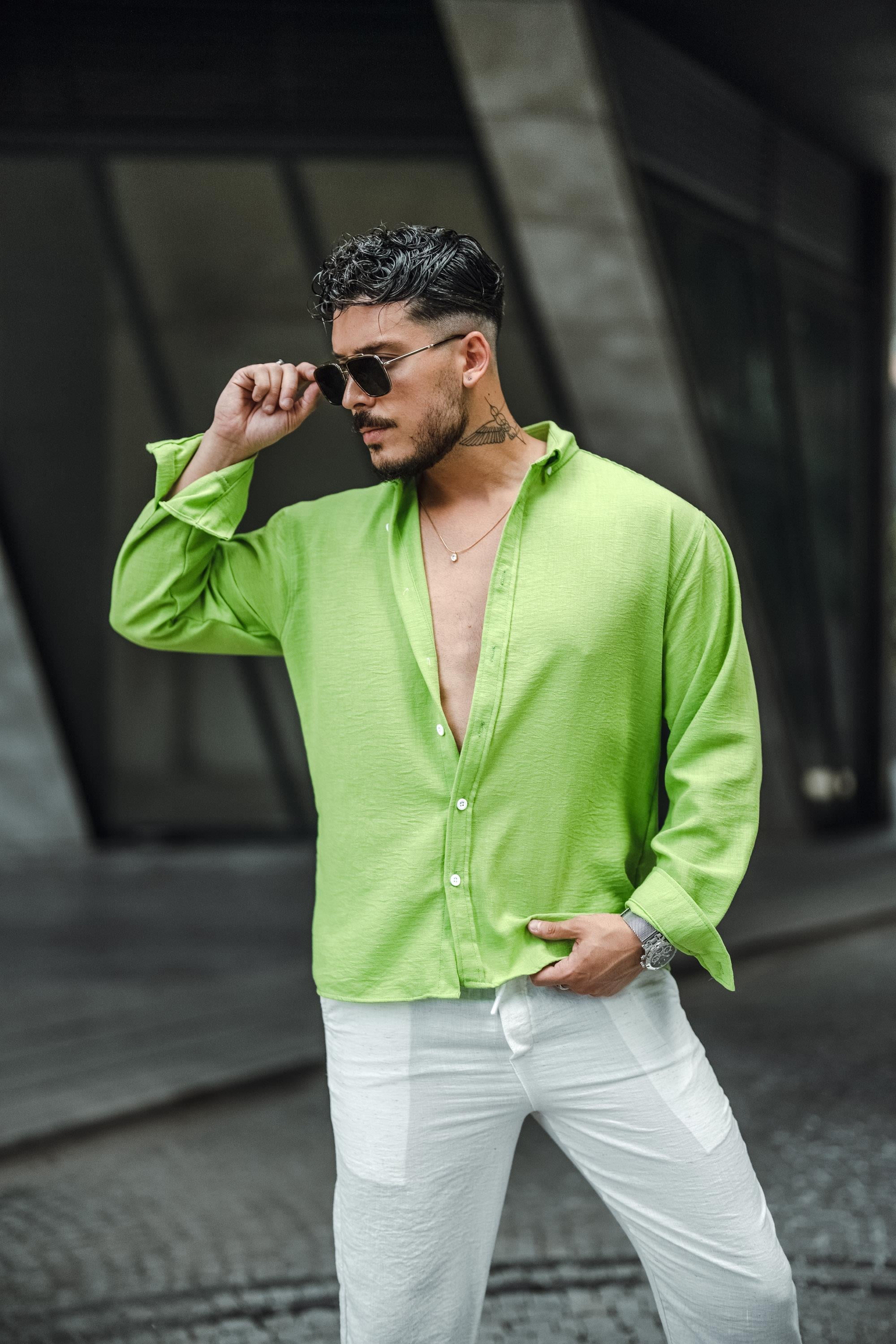 Keten Yaka Düğmeli Oversize Gömlek Fıstık Yeşili