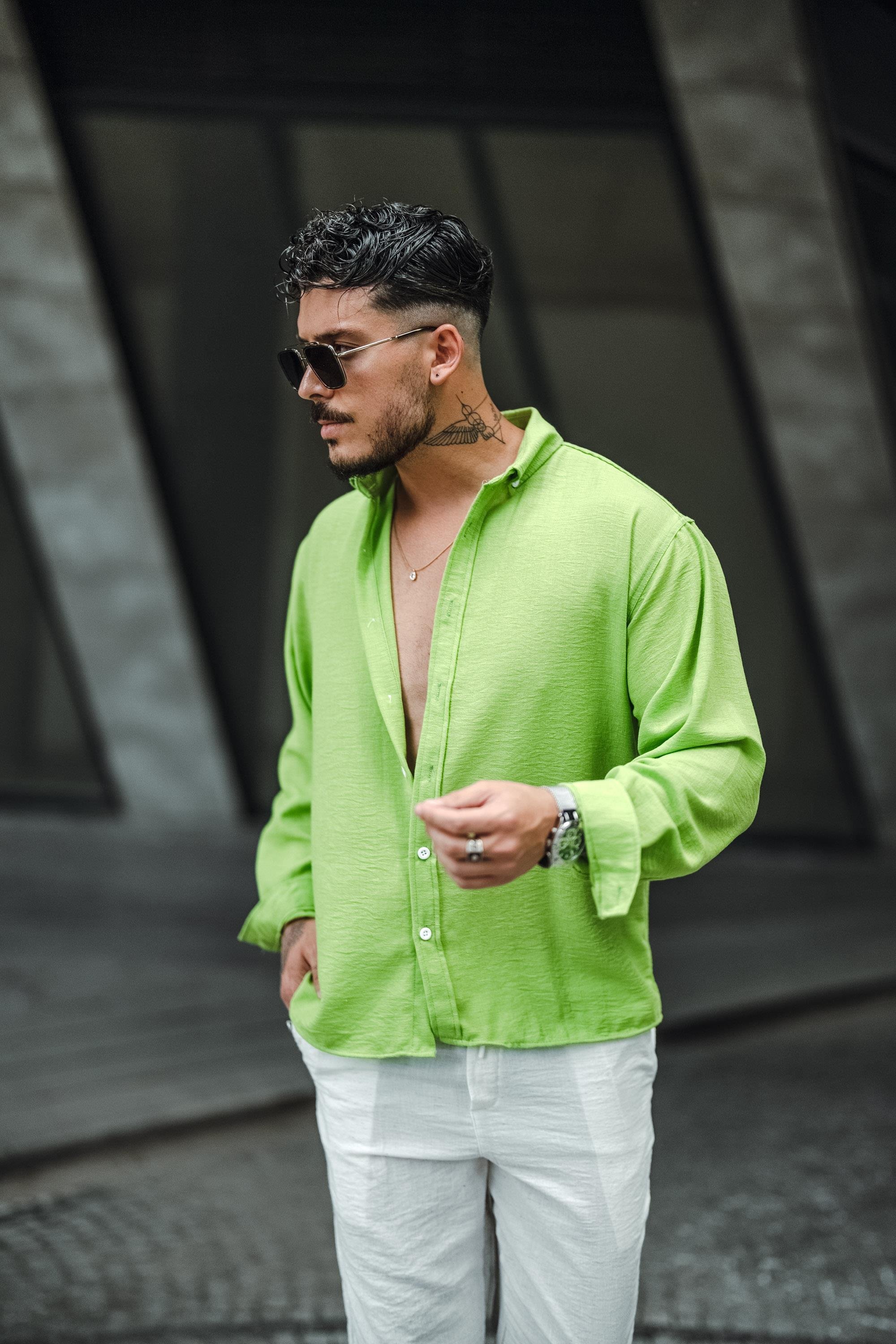 Keten Yaka Düğmeli Oversize Gömlek Fıstık Yeşili