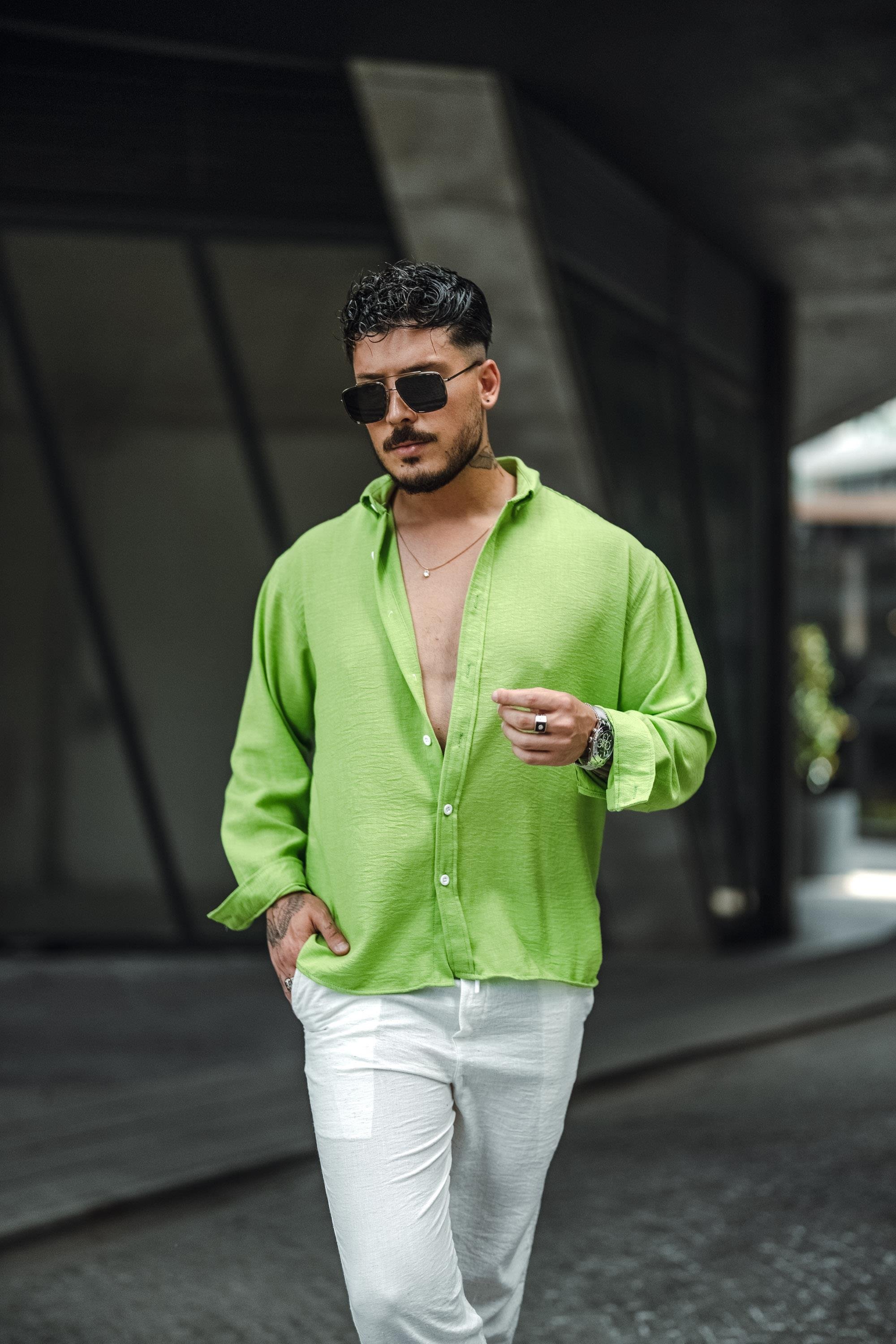 Keten Yaka Düğmeli Oversize Gömlek Fıstık Yeşili