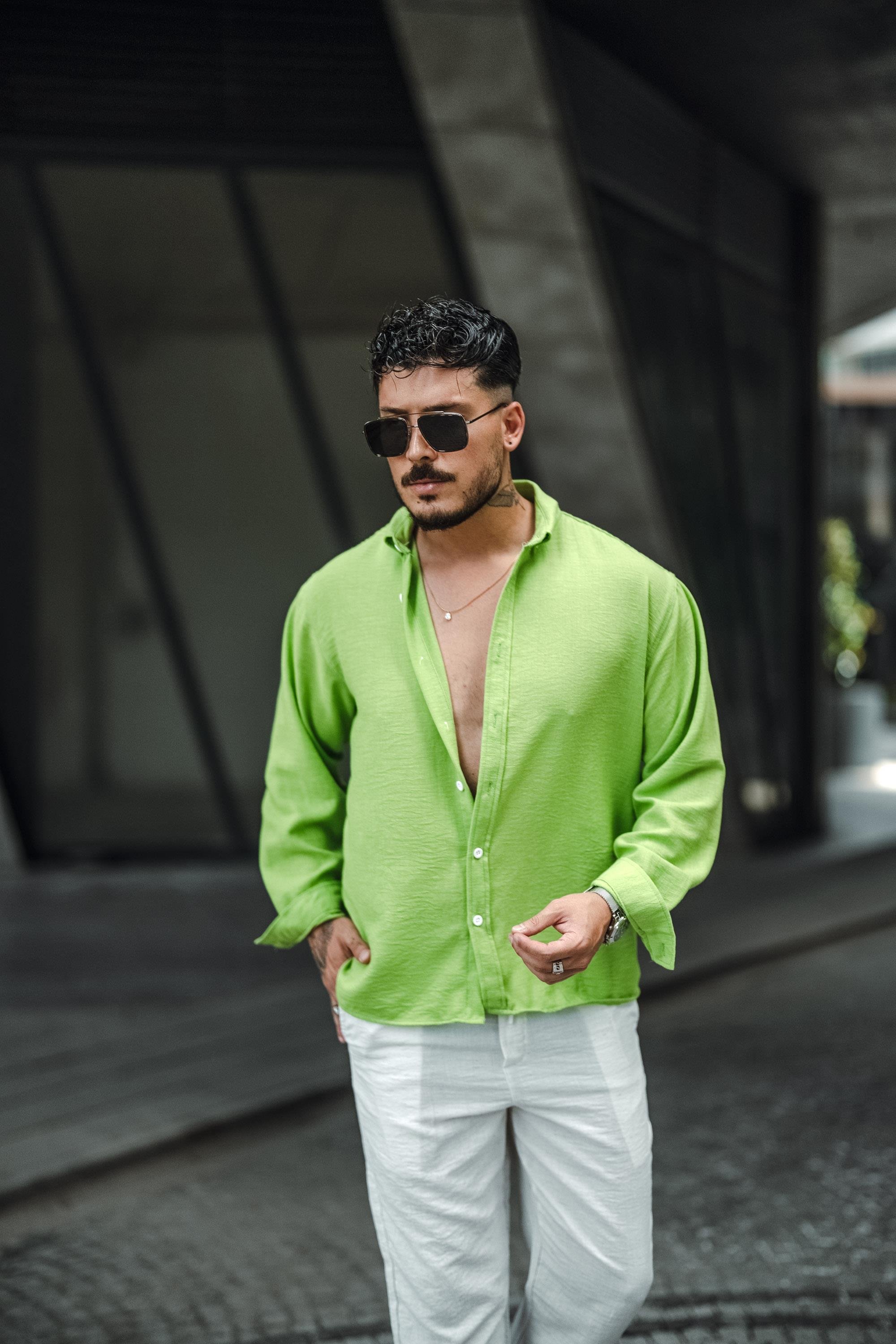 Keten Yaka Düğmeli Oversize Gömlek Fıstık Yeşili