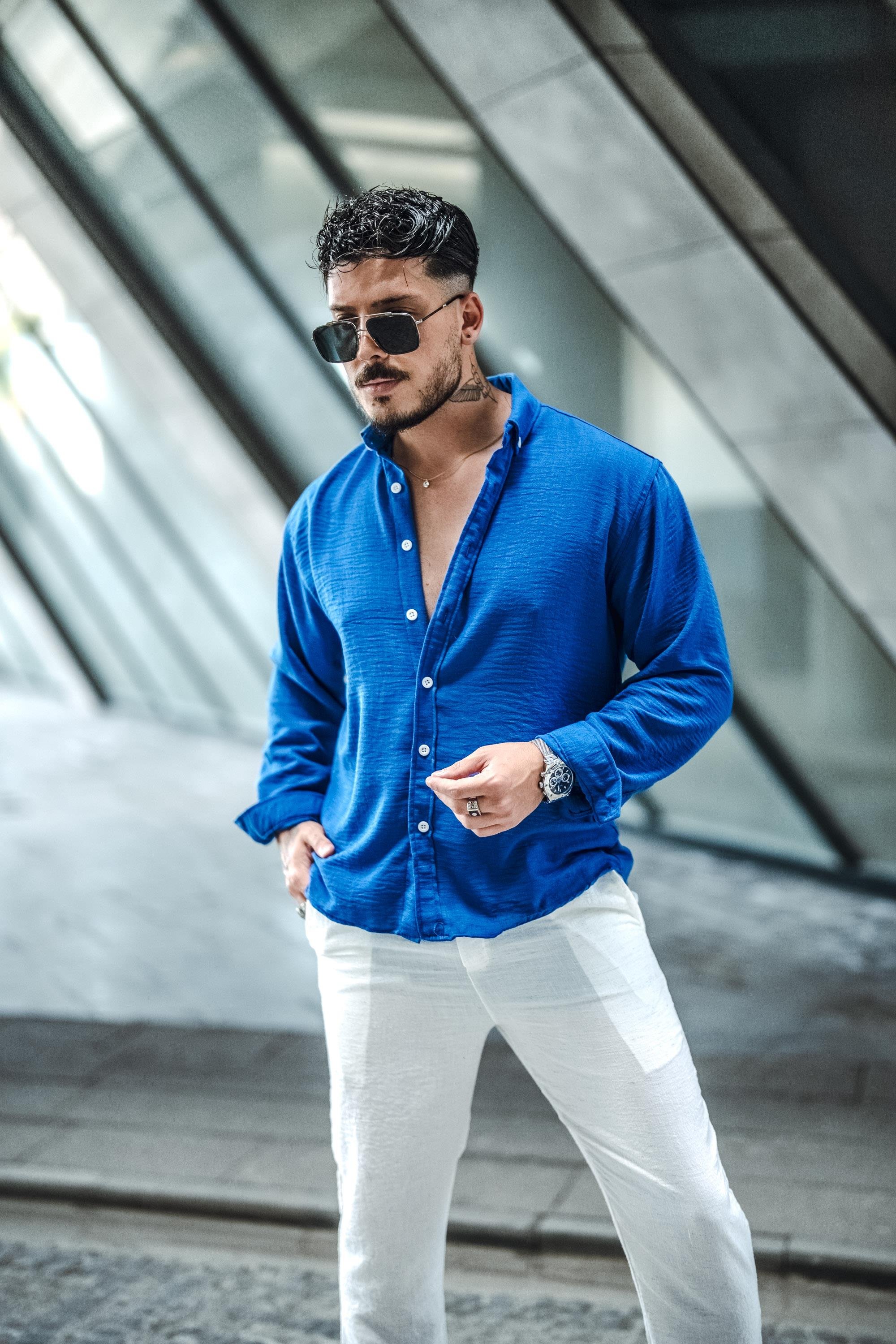 Keten Yaka Düğmeli Oversize Gömlek Koyu Lacivert