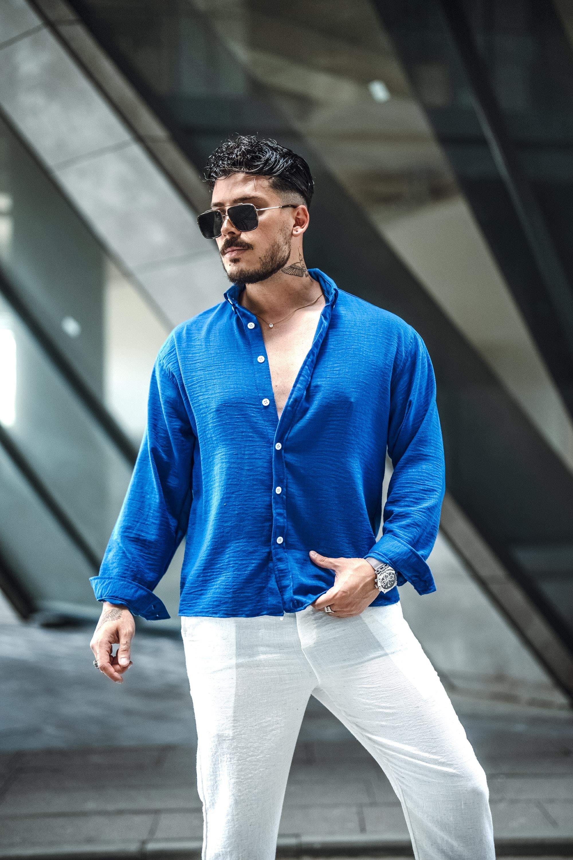 Keten Yaka Düğmeli Oversize Gömlek Koyu Lacivert