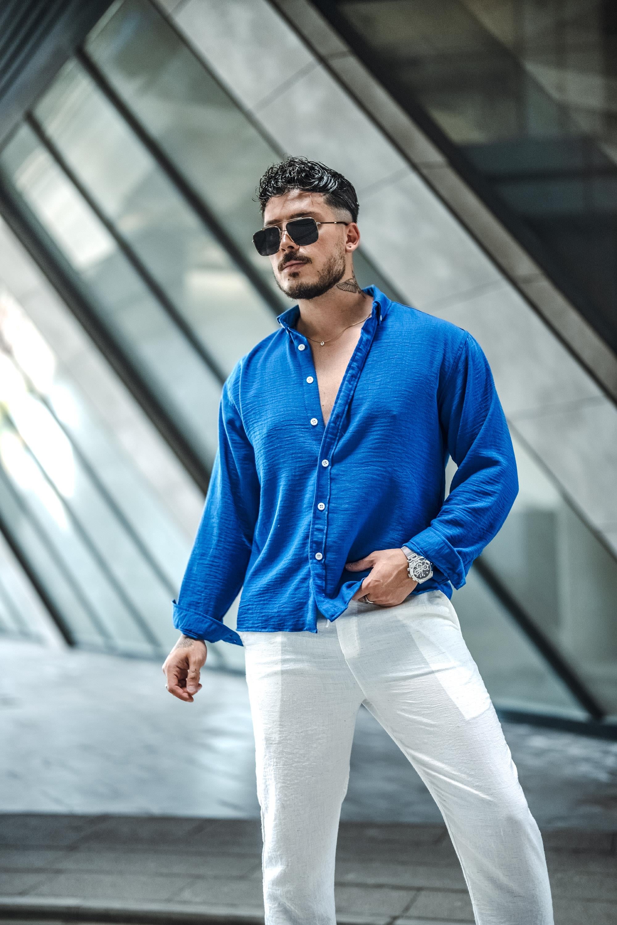Keten Yaka Düğmeli Oversize Gömlek Koyu Lacivert