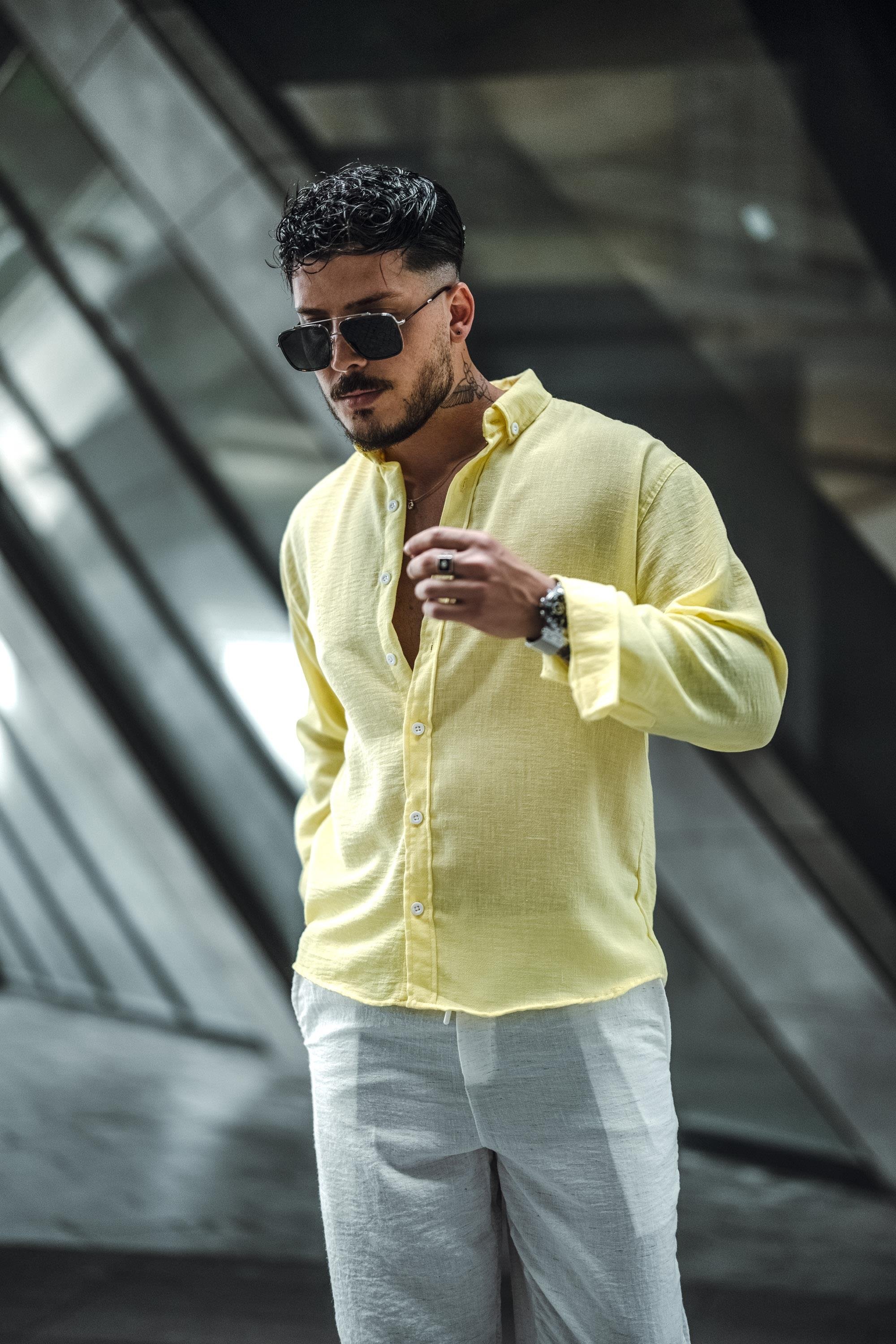 Keten Yaka Düğmeli Oversize Gömlek Sarı