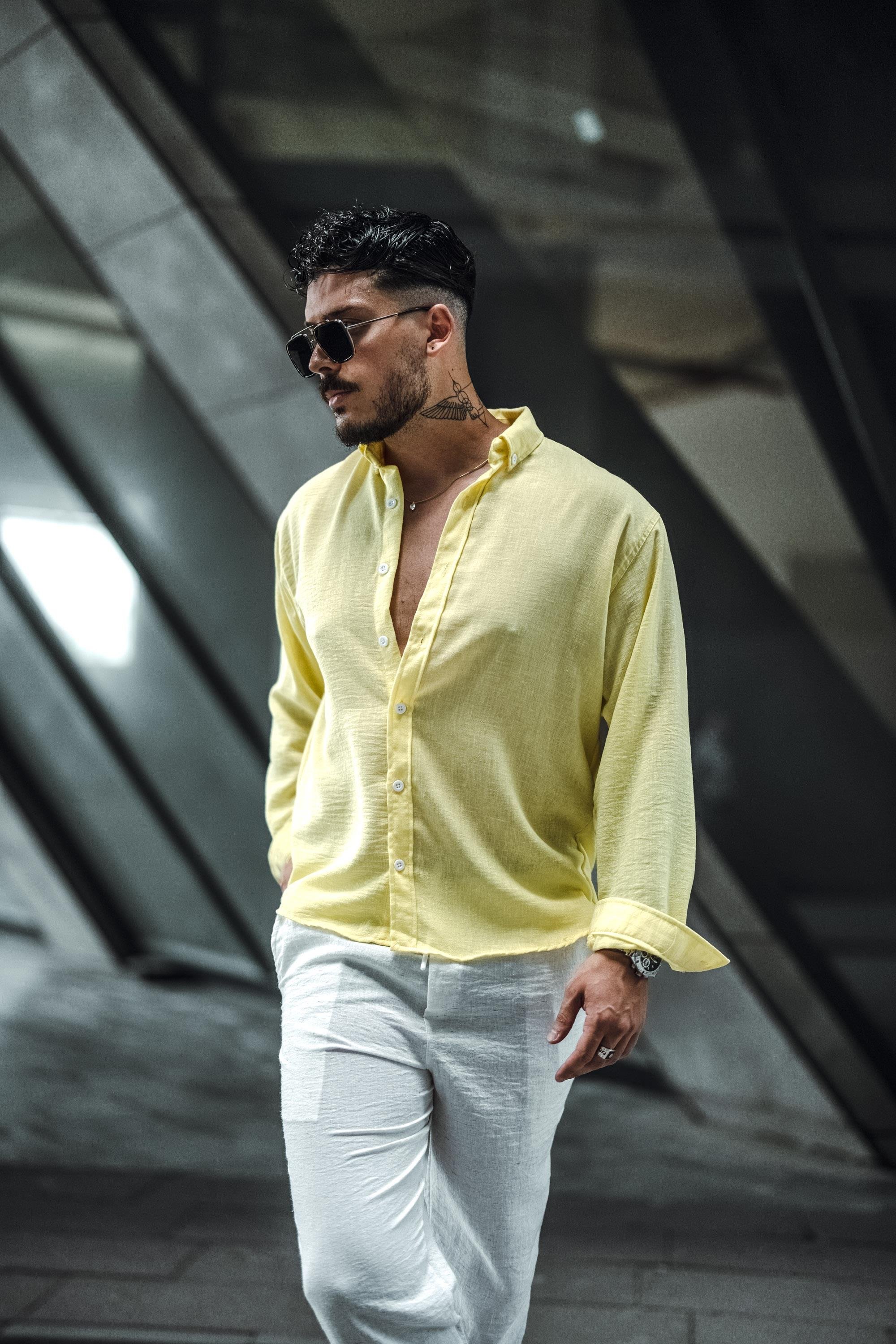Keten Yaka Düğmeli Oversize Gömlek Sarı