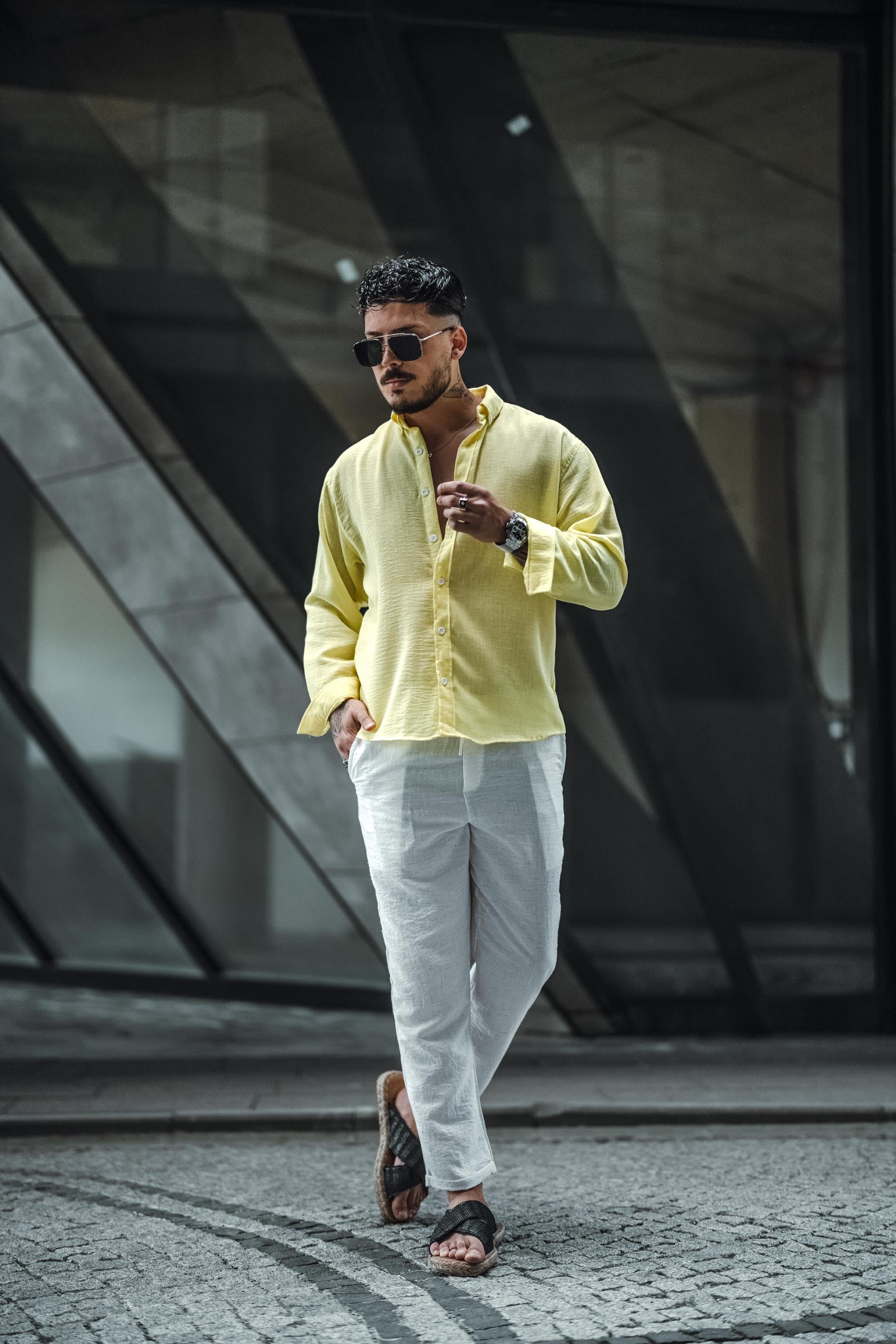Keten Yaka Düğmeli Oversize Gömlek Sarı