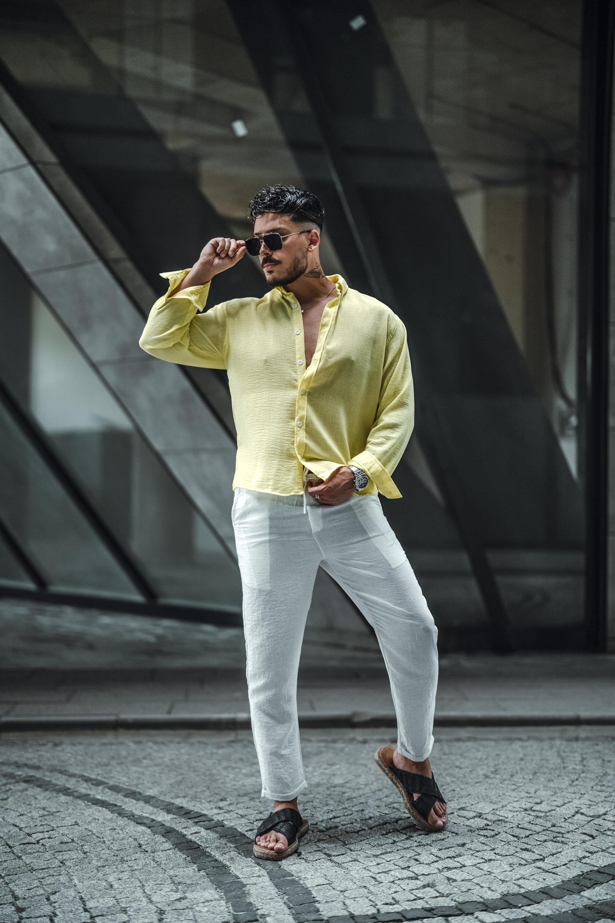 Keten Yaka Düğmeli Oversize Gömlek Sarı