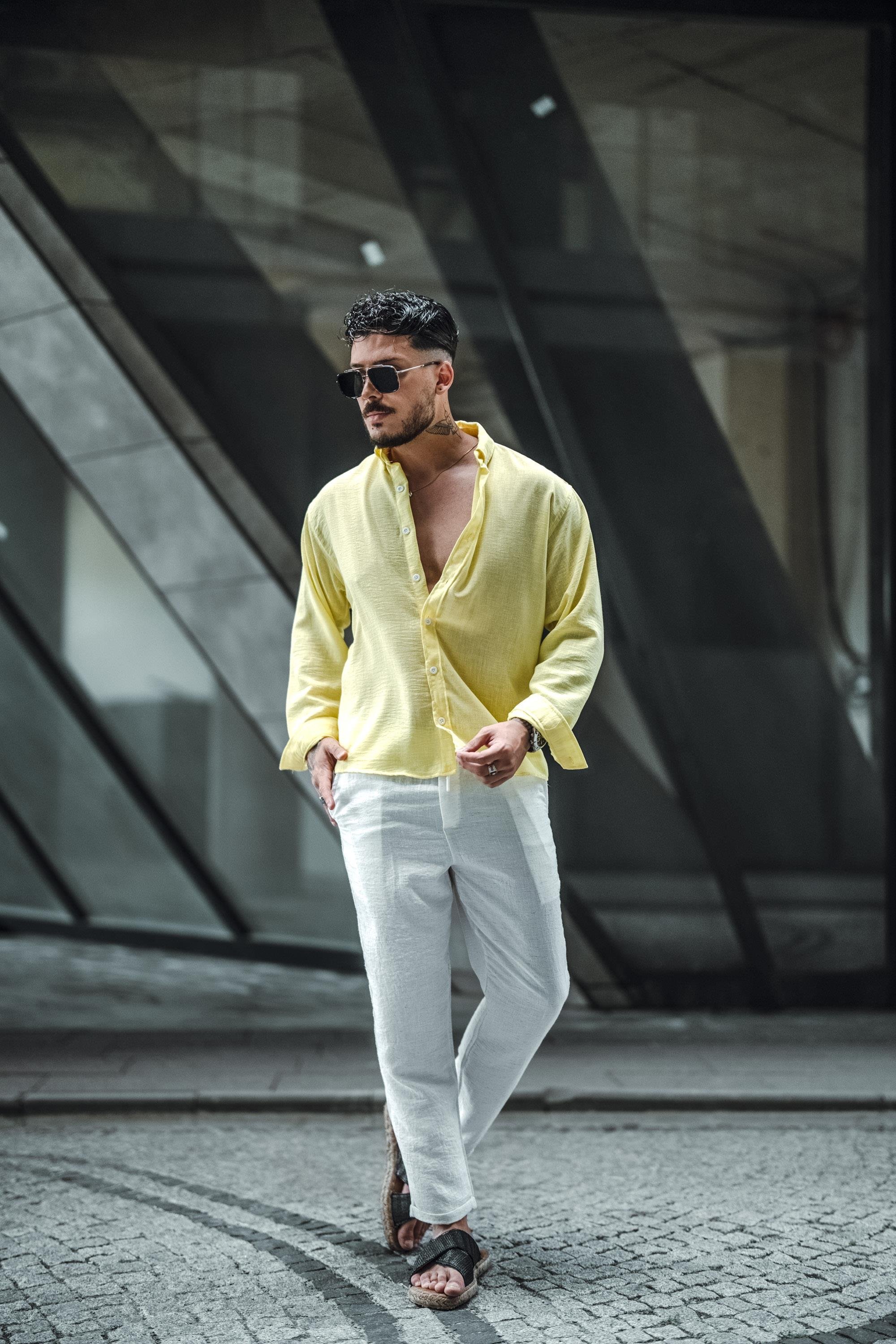 Keten Yaka Düğmeli Oversize Gömlek Sarı