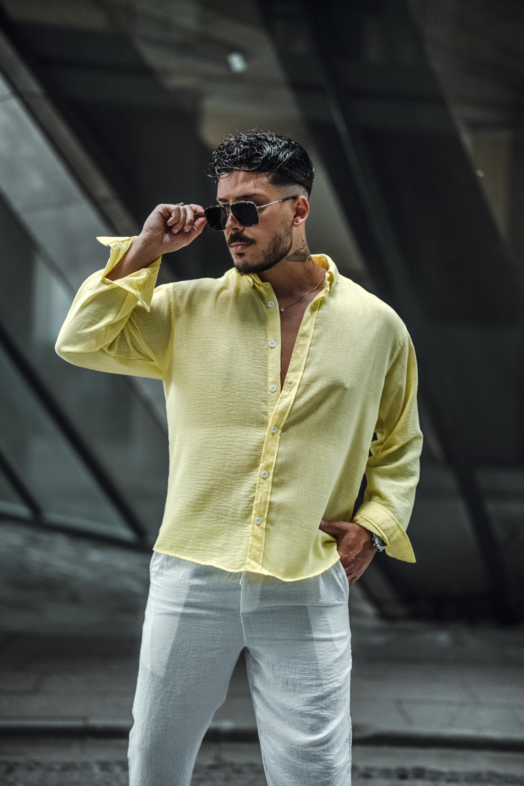Keten Yaka Düğmeli Oversize Gömlek Sarı