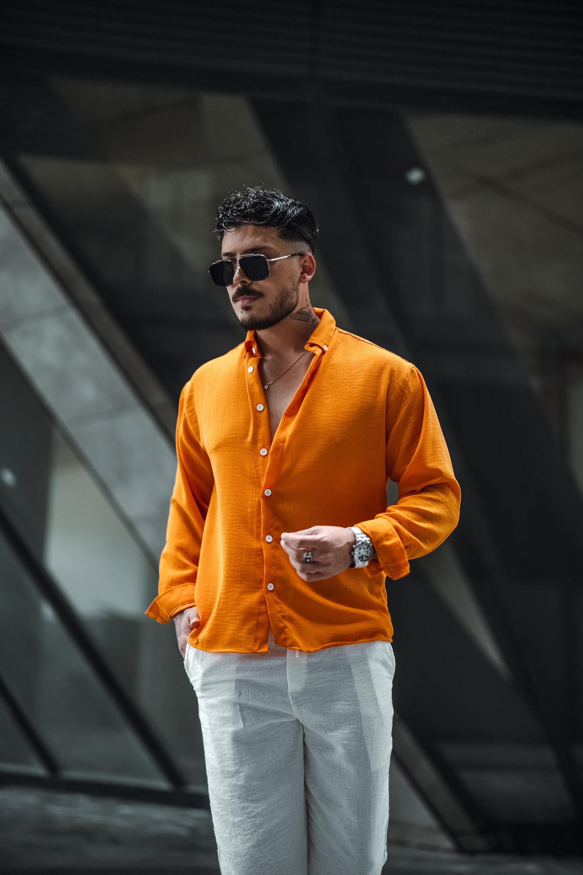 Keten Yaka Düğmeli Oversize Gömlek Turuncu