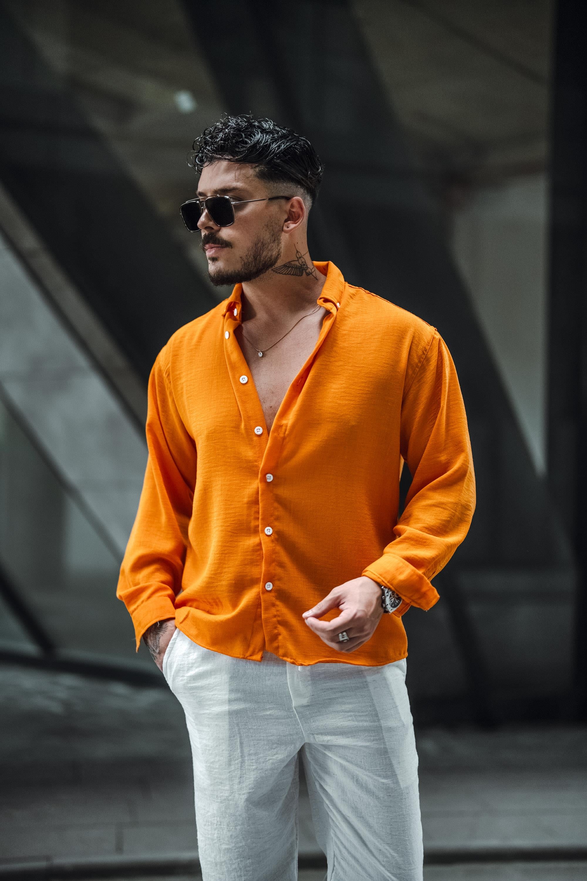 Keten Yaka Düğmeli Oversize Gömlek Turuncu