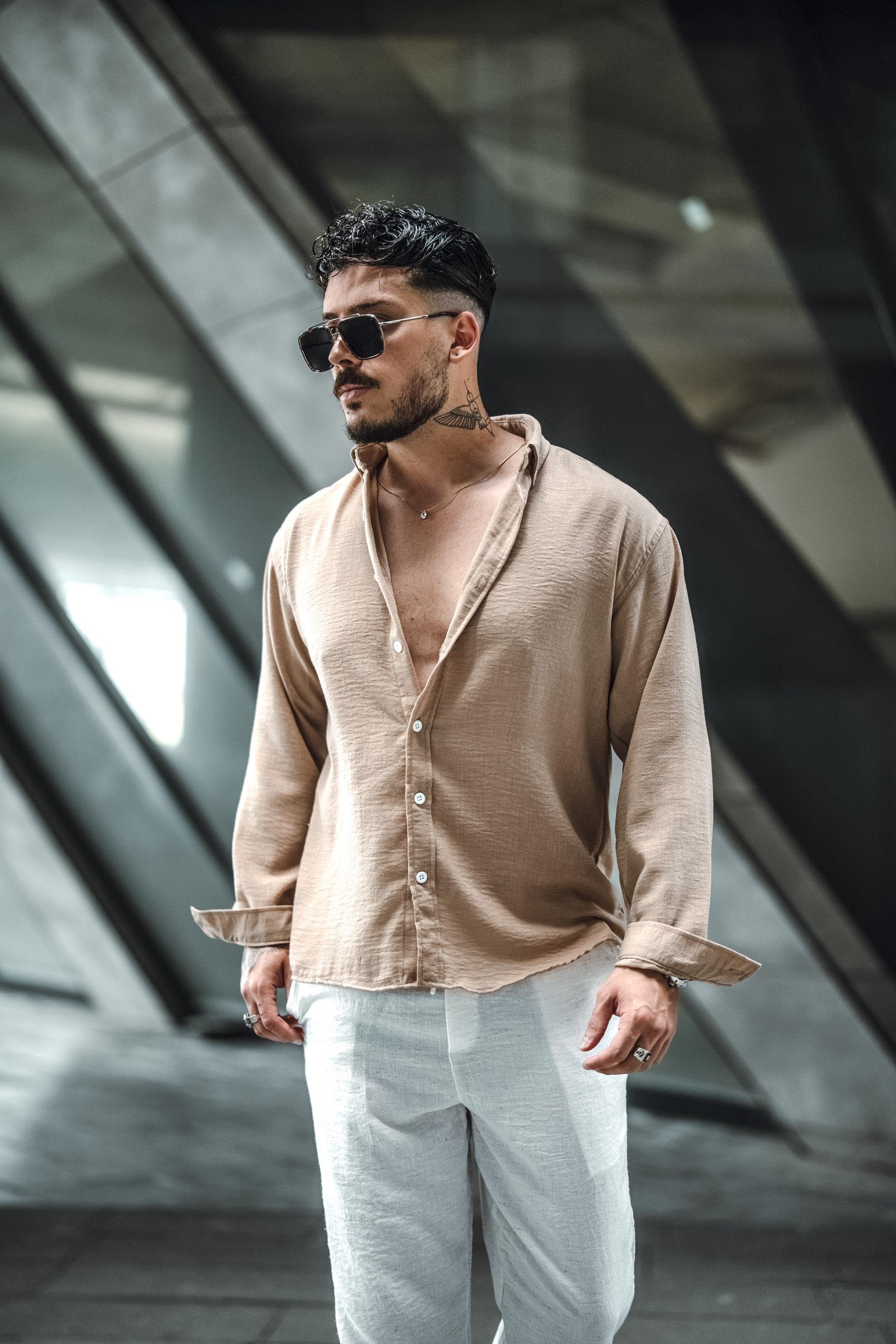Keten Yaka Düğmeli Oversize Gömlek Vizon