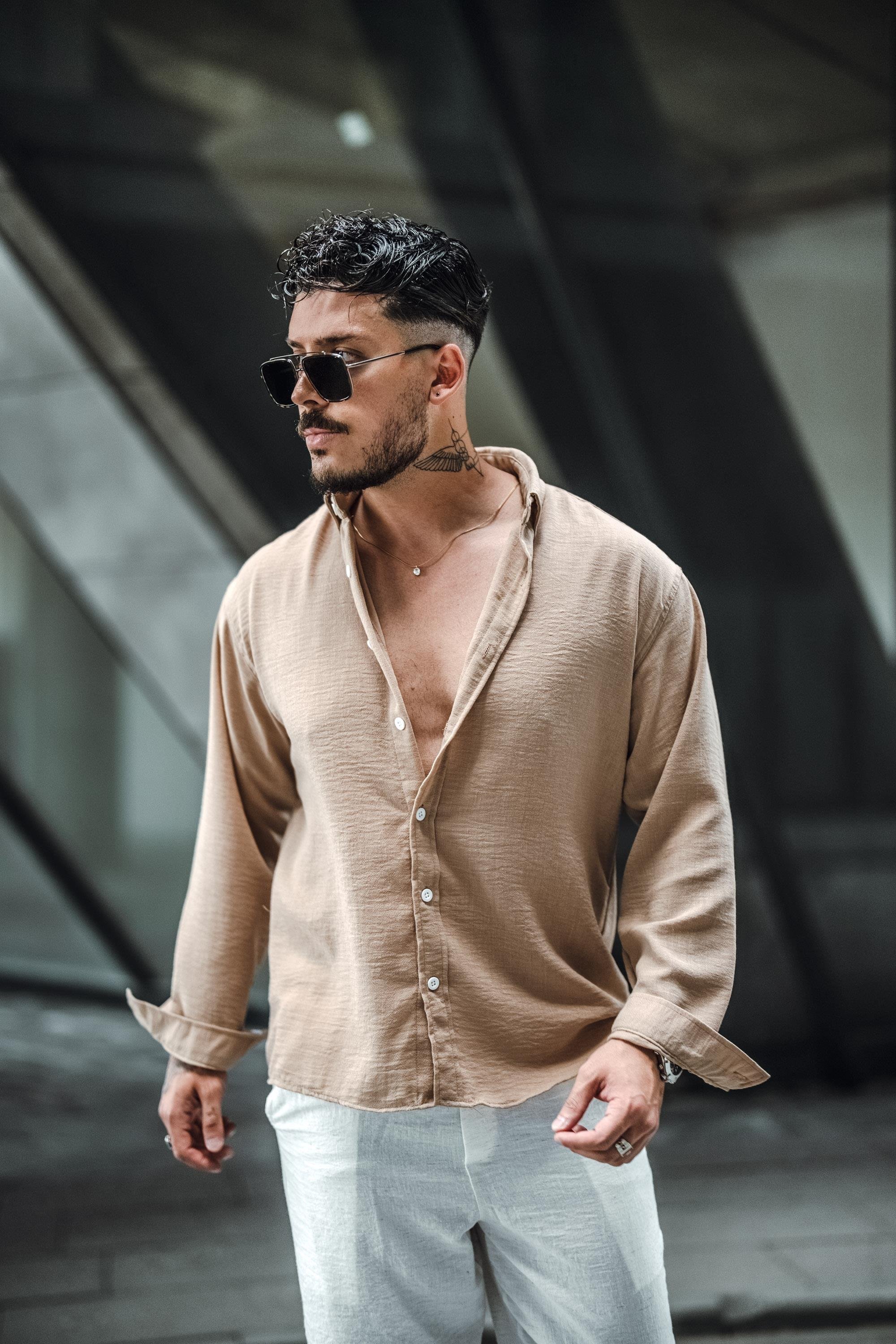 Keten Yaka Düğmeli Oversize Gömlek Vizon