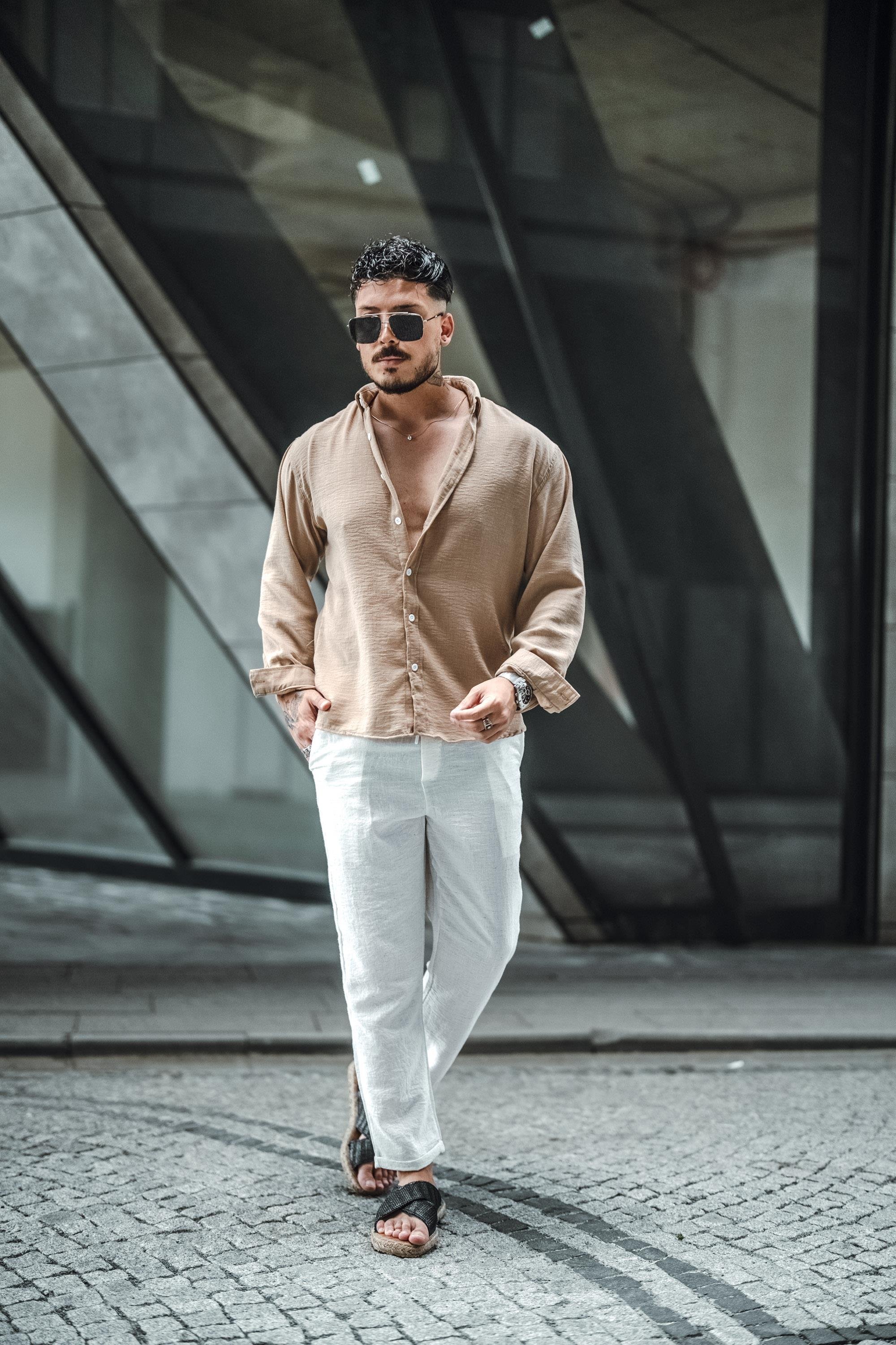 Keten Yaka Düğmeli Oversize Gömlek Vizon