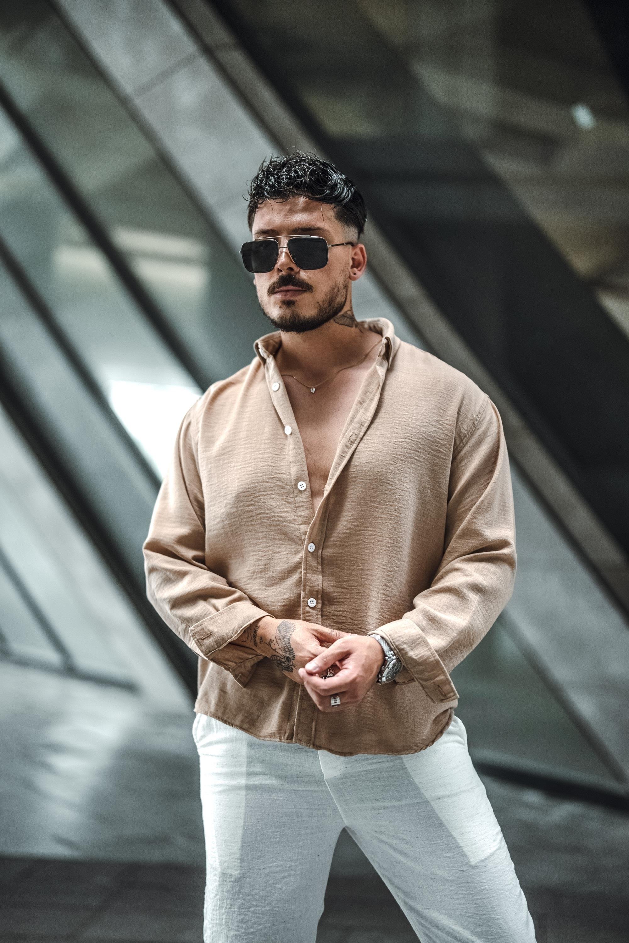 Keten Yaka Düğmeli Oversize Gömlek Vizon