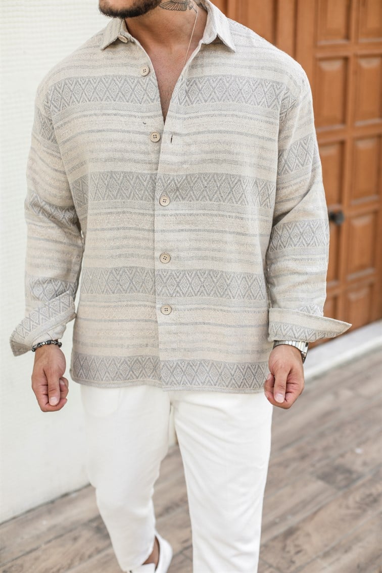 Kilim Desen Keten Oversize Gömlek
