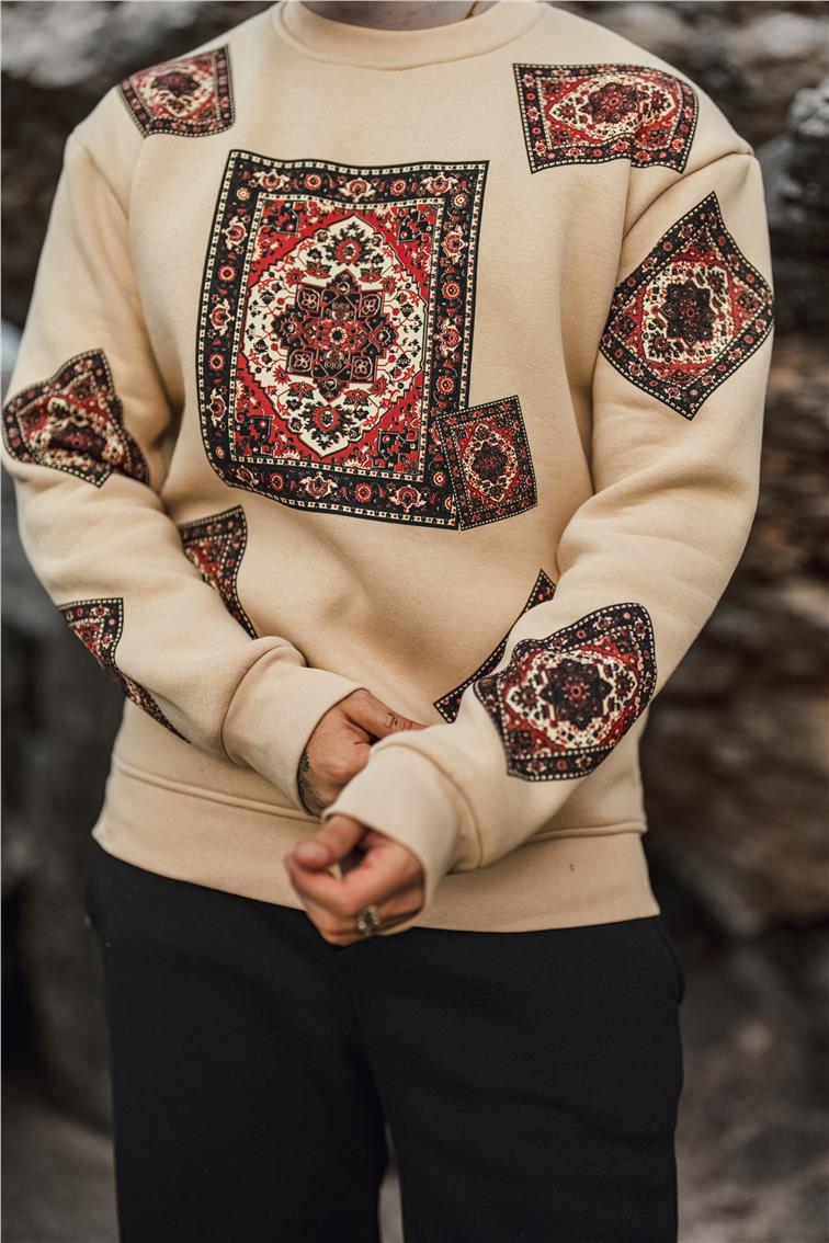Kilim Desen Şardonlu Sweatshirt Bej