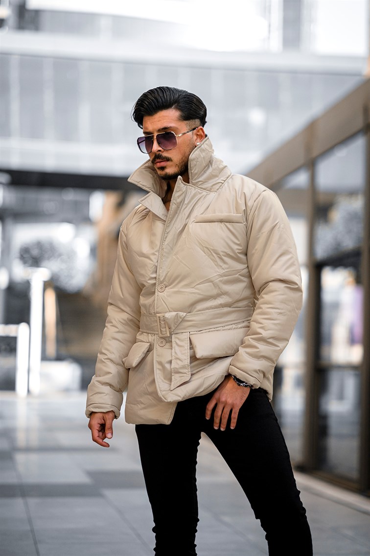 Kısa Kemerli Cepli Oversize Mont
