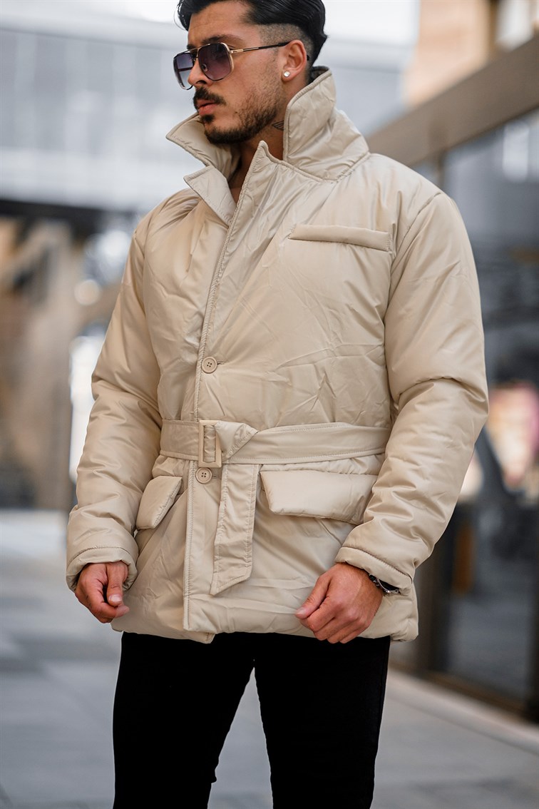 Kısa Kemerli Cepli Oversize Mont
