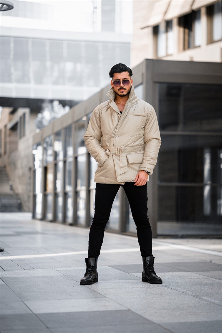 Kısa Kemerli Cepli Oversize Mont