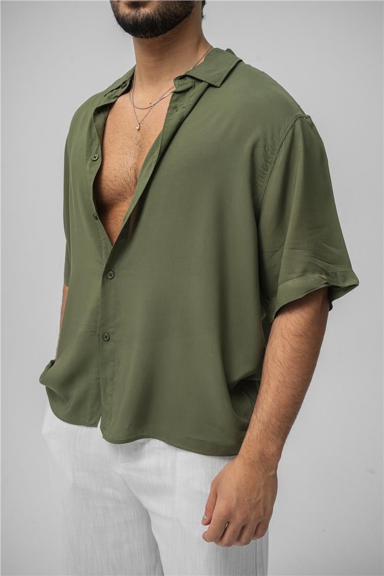 Kısa Kol Dökümlü Oversize Gömlek Haki