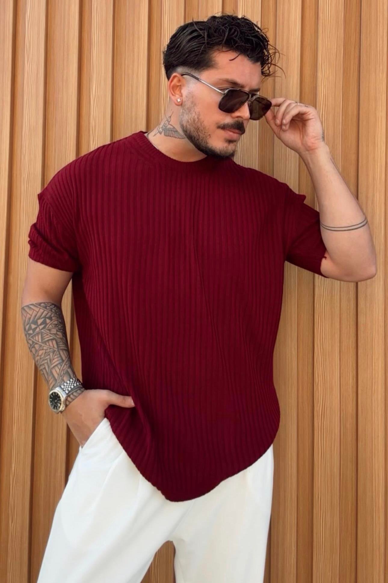 Kısa Kol Loose Fit Bol Kalıp Tshırt Bordo