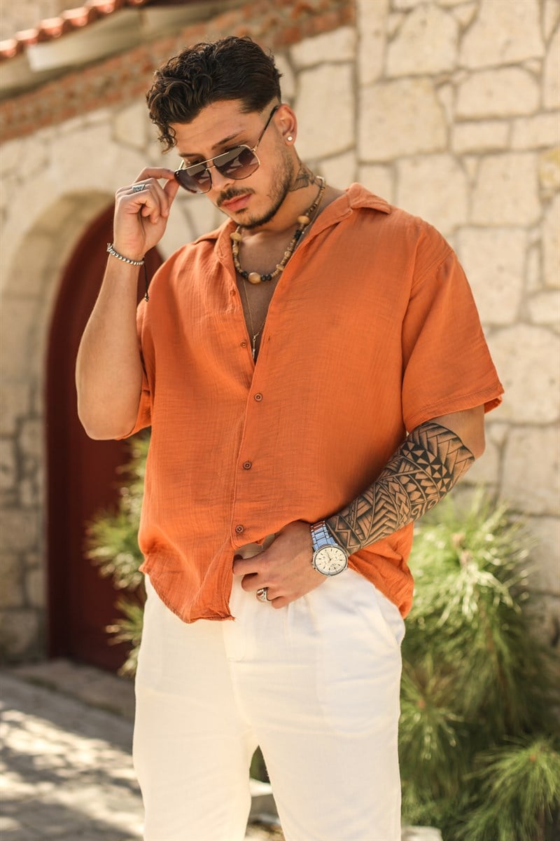 Kısa Kol Müslin Apaç Yaka Oversize Gömlek