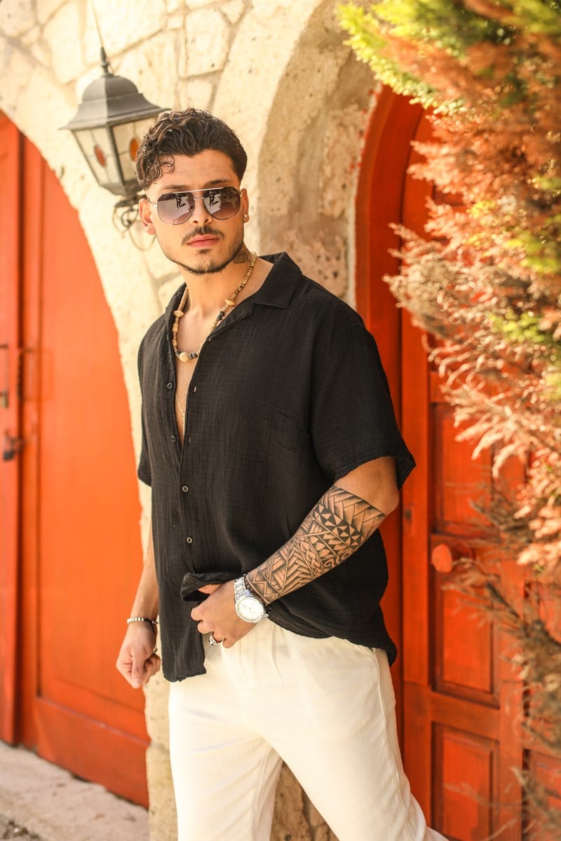 Kısa Kol Müslin Apaç Yaka Oversize Gömlek