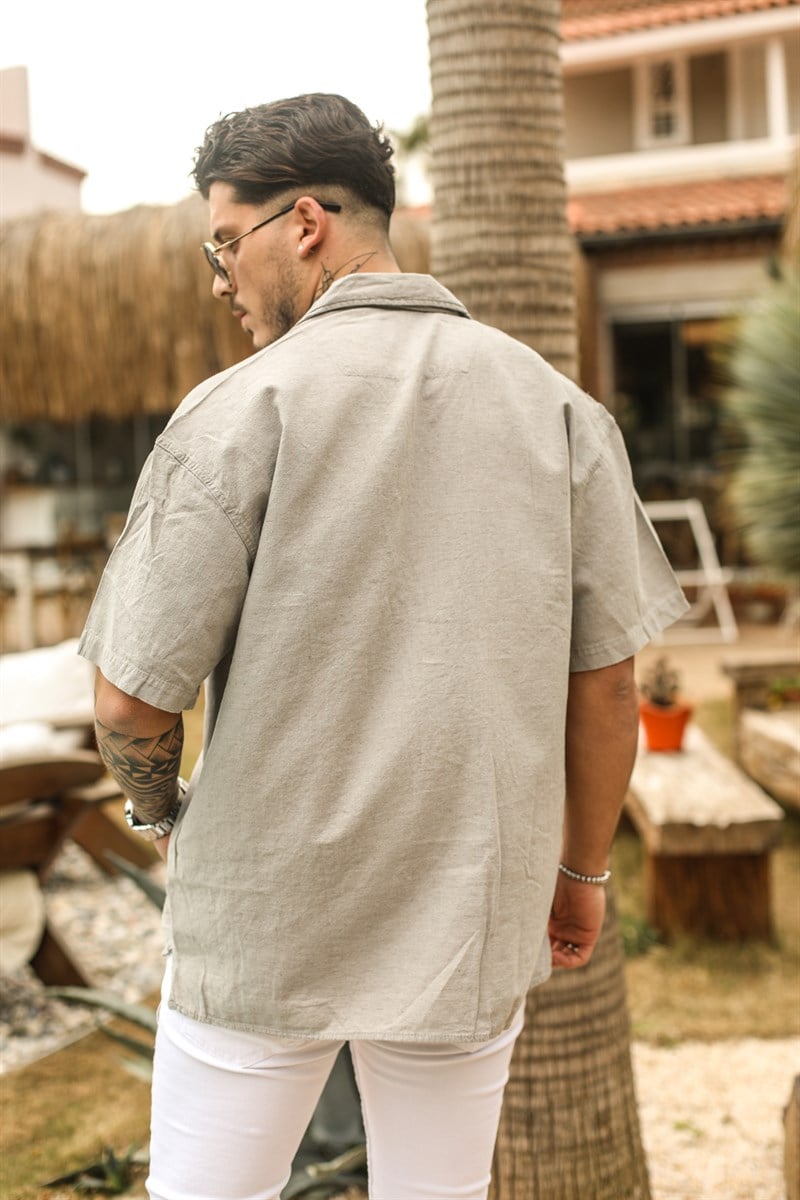 Kısa Kol Tek Cep Keten Oversize Gömlek
