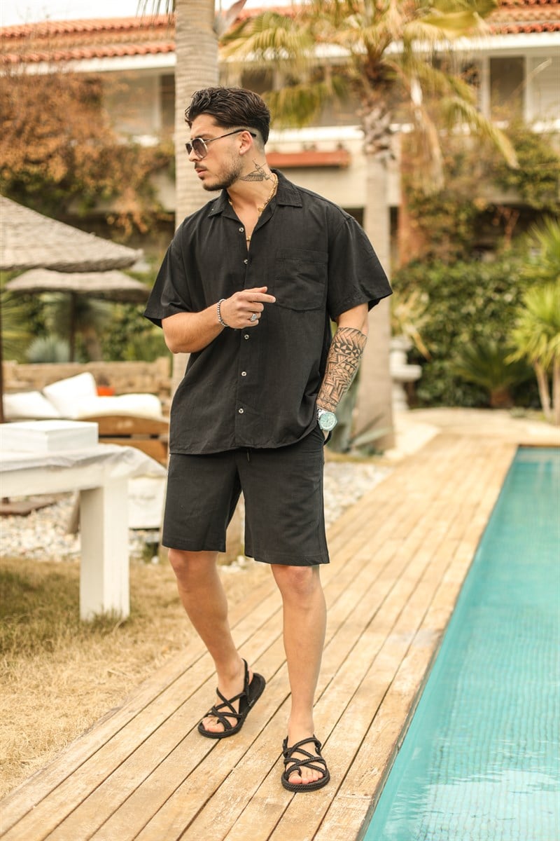 Kısa Kol Tek Cep Keten Oversize Gömlek