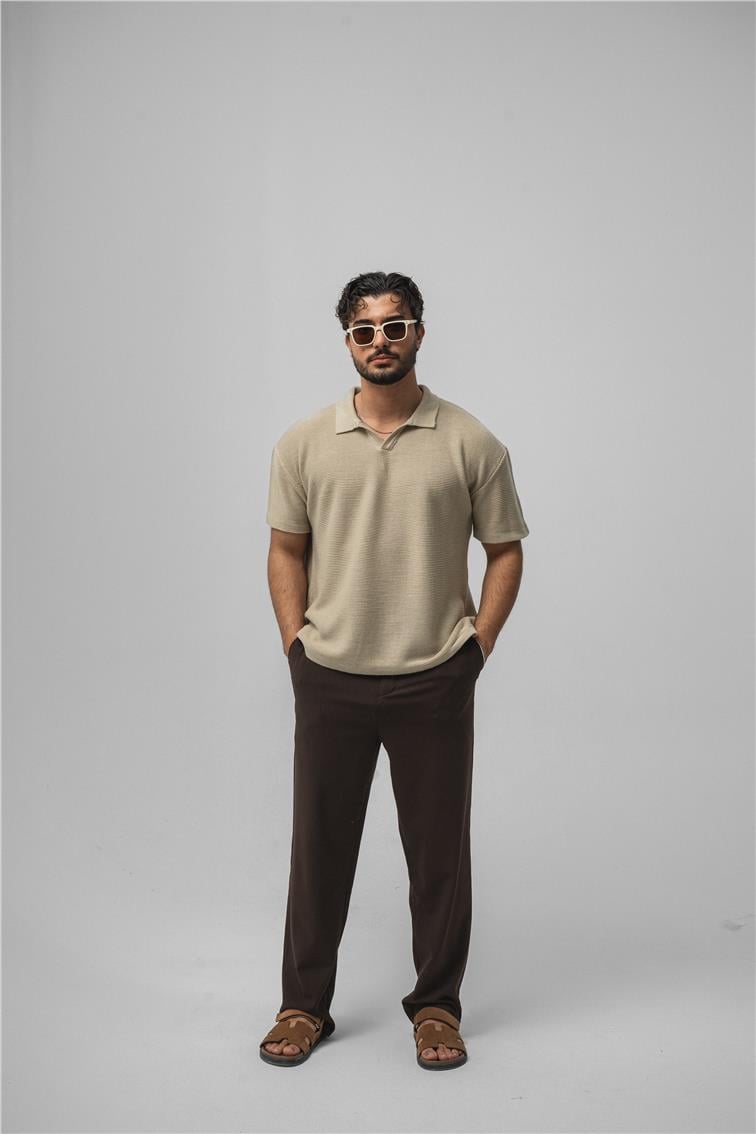 Knit Oversize Polo Yaka Bej