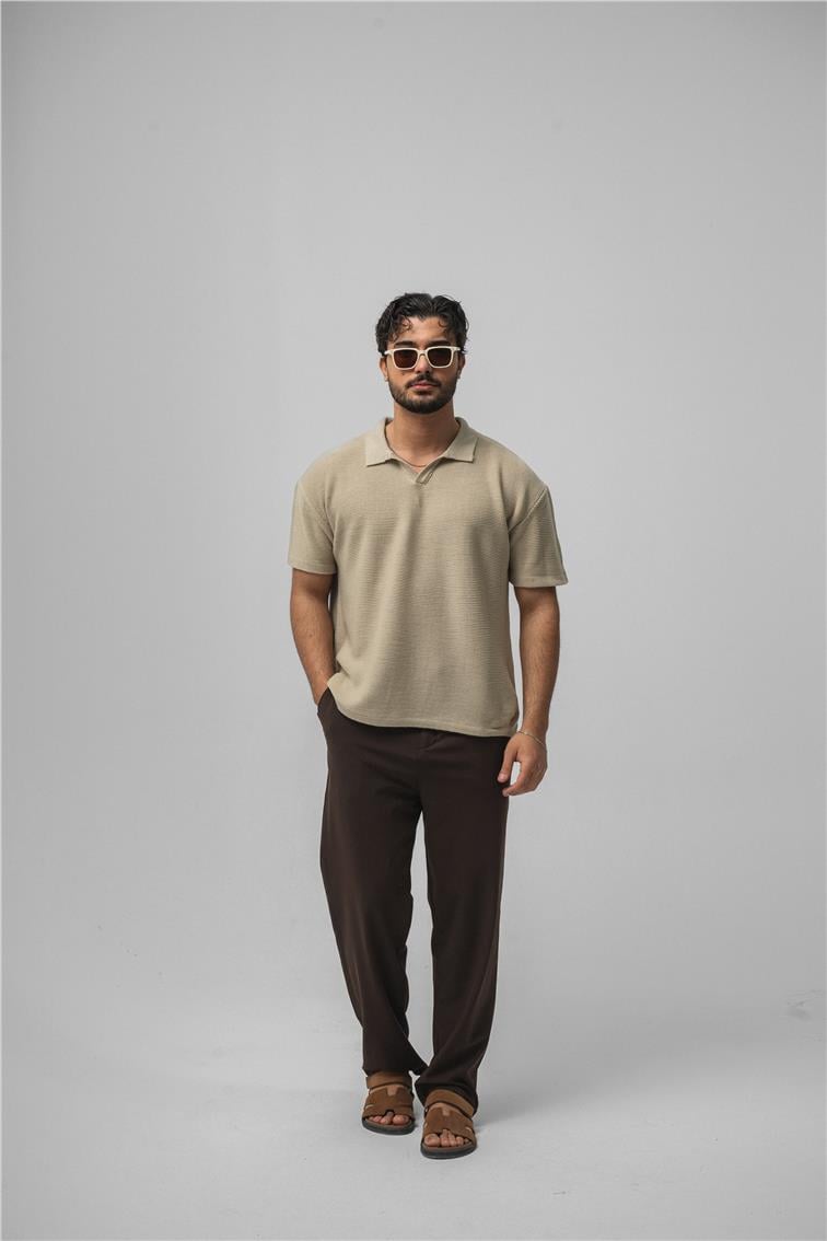 Knit Oversize Polo Yaka Bej