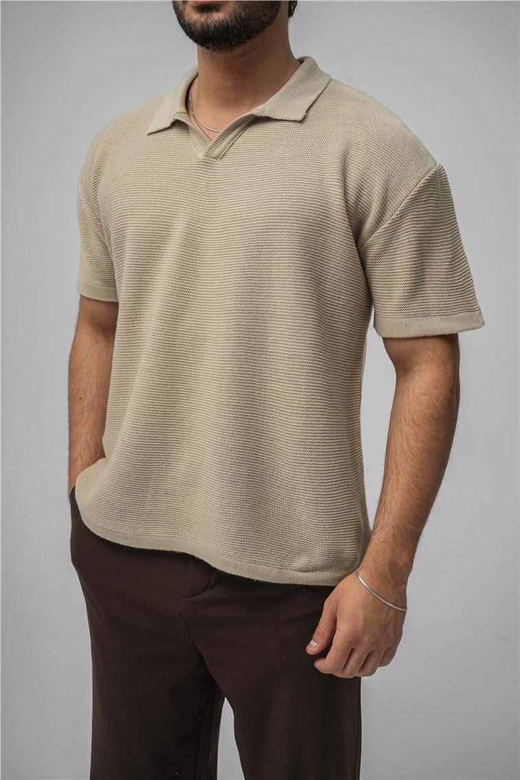 Knit Oversize Polo Yaka Bej