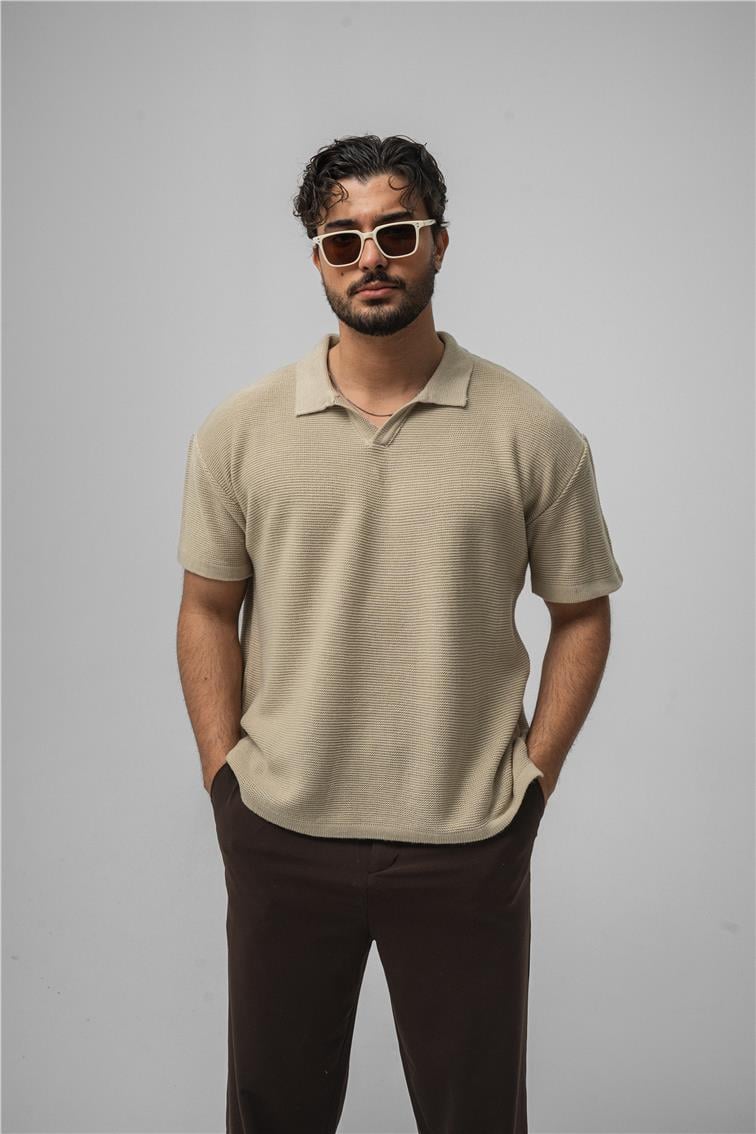 Knit Oversize Polo Yaka Bej