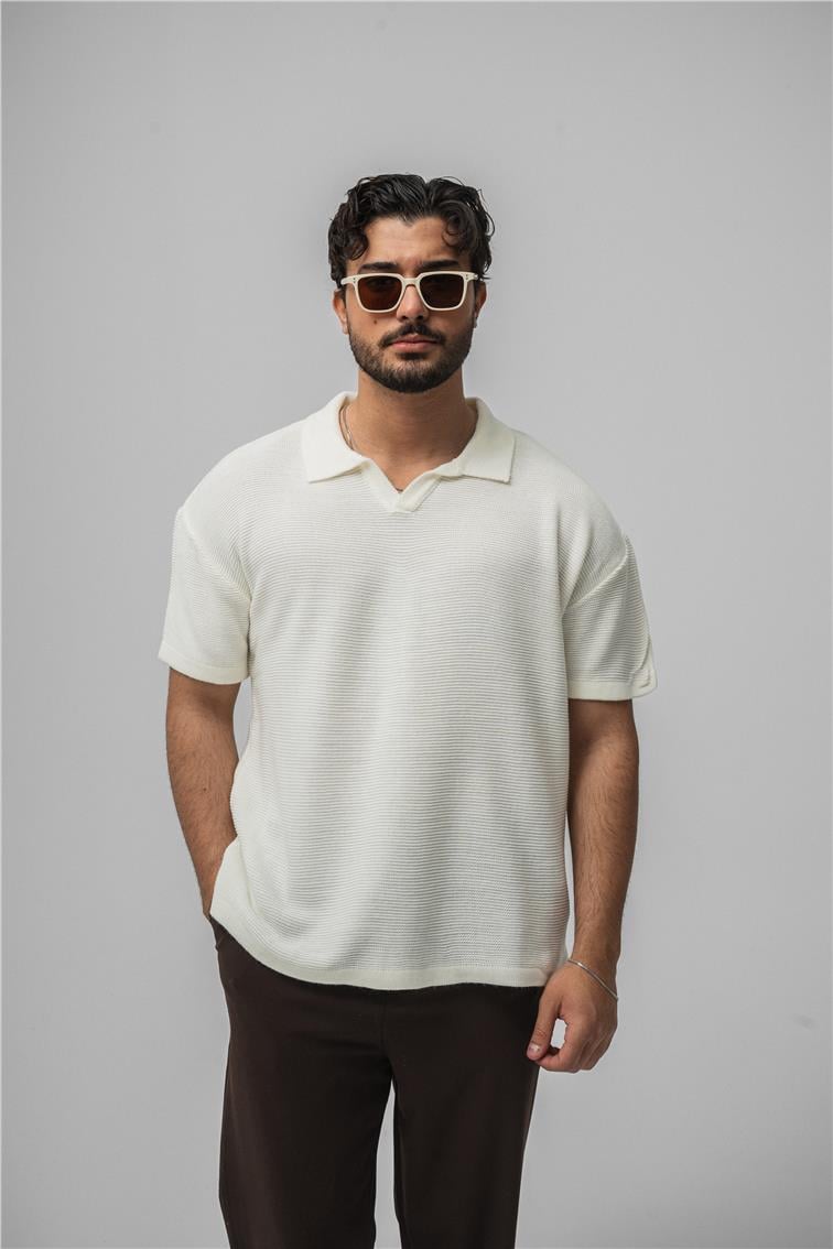 Knit Oversize Polo Yaka Beyaz