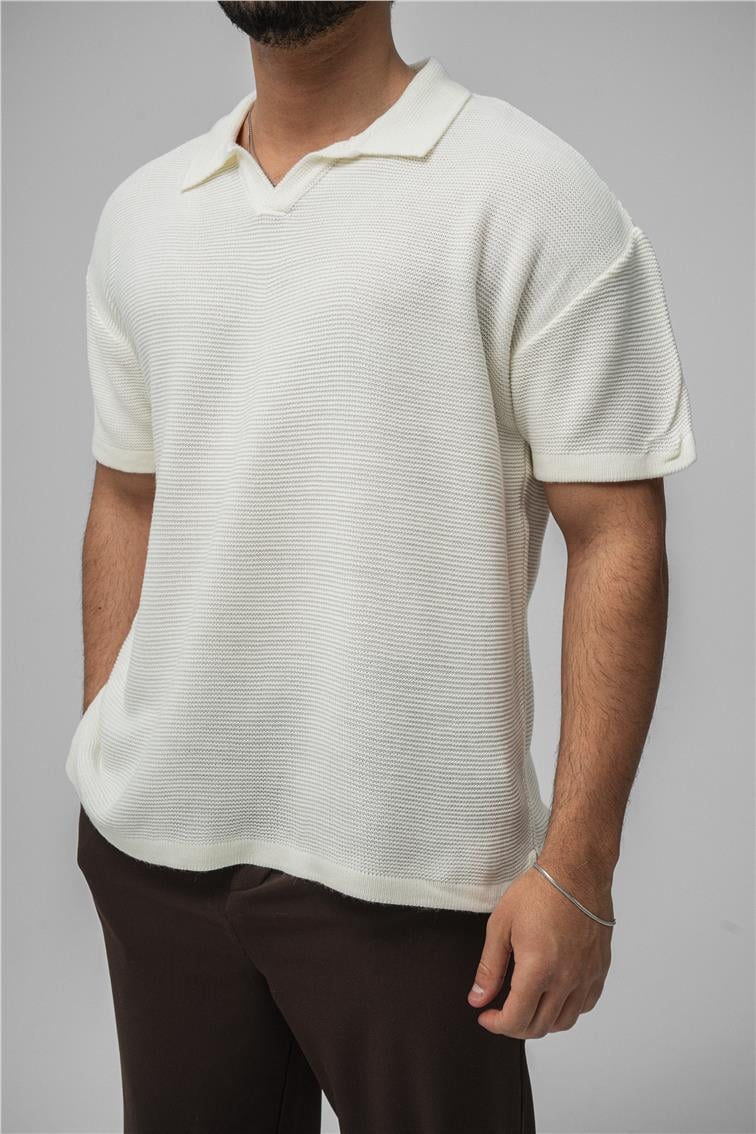 Knit Oversize Polo Yaka Beyaz