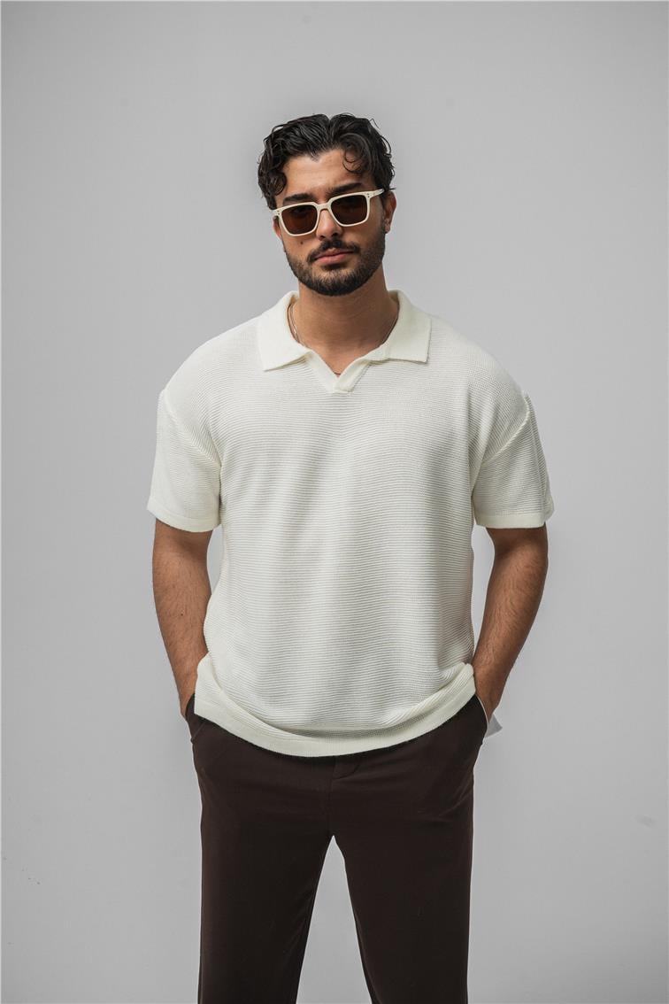 Knit Oversize Polo Yaka Beyaz