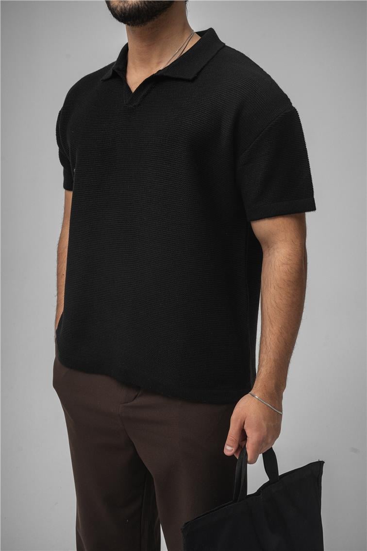 Knit Oversize Polo Yaka Siyah