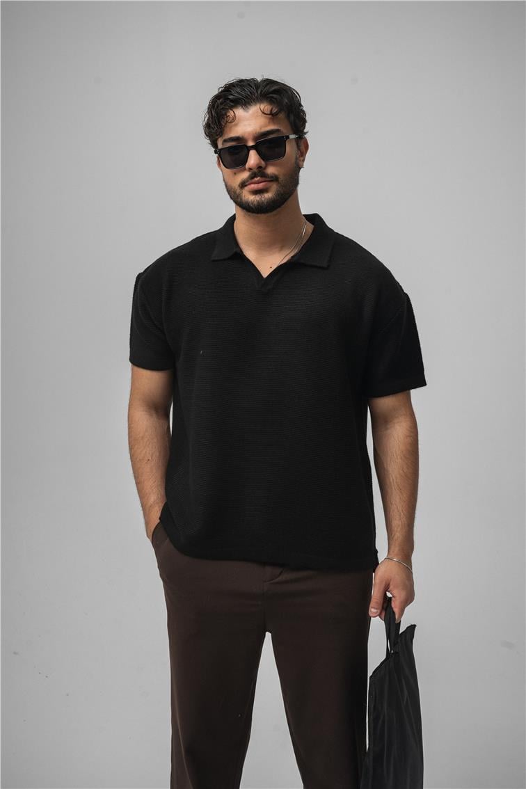 Knit Oversize Polo Yaka Siyah